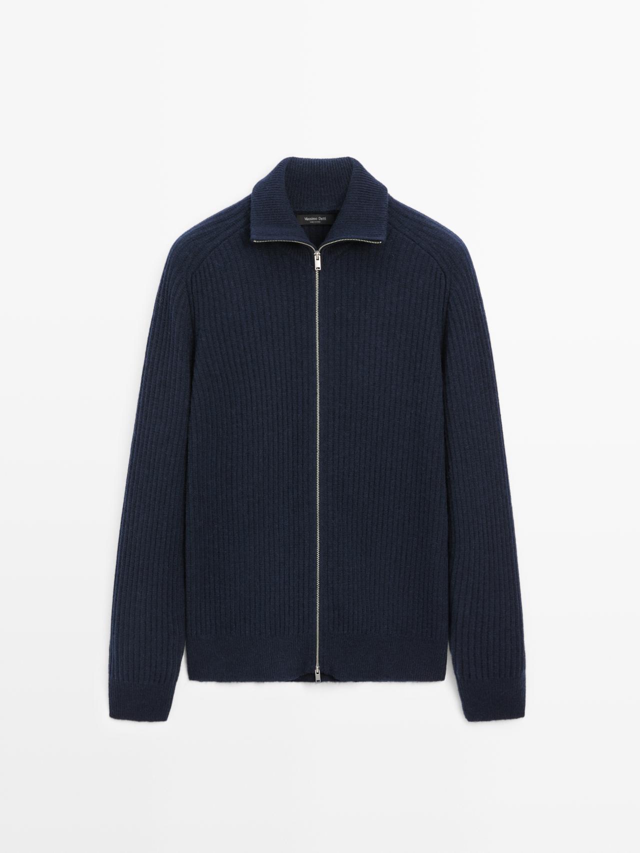 Massimo Dutti - Herre - Cardigan I Strik Af Uldblanding Med Lynlåslukning - Marineblå - S