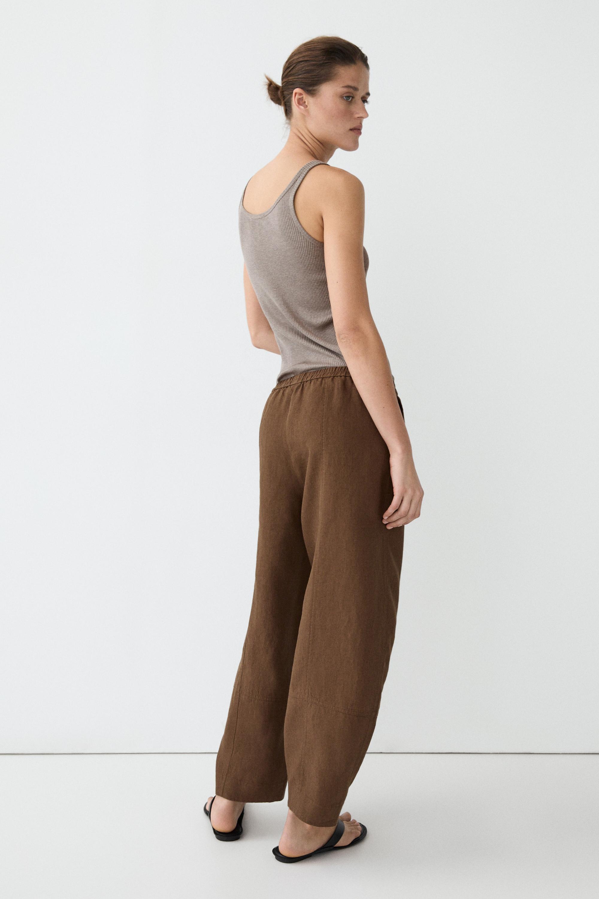 Linen pants with elastic waistband detail — BROWN