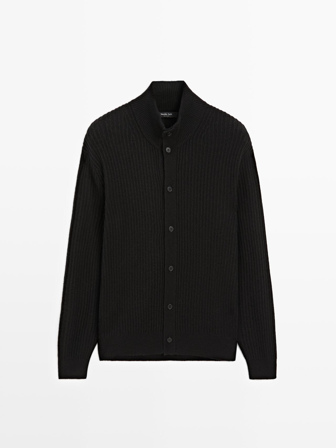 Massimo Dutti - Herre - Strikket Cardigan I Uldblanding Med Høj Hals - Sort - M