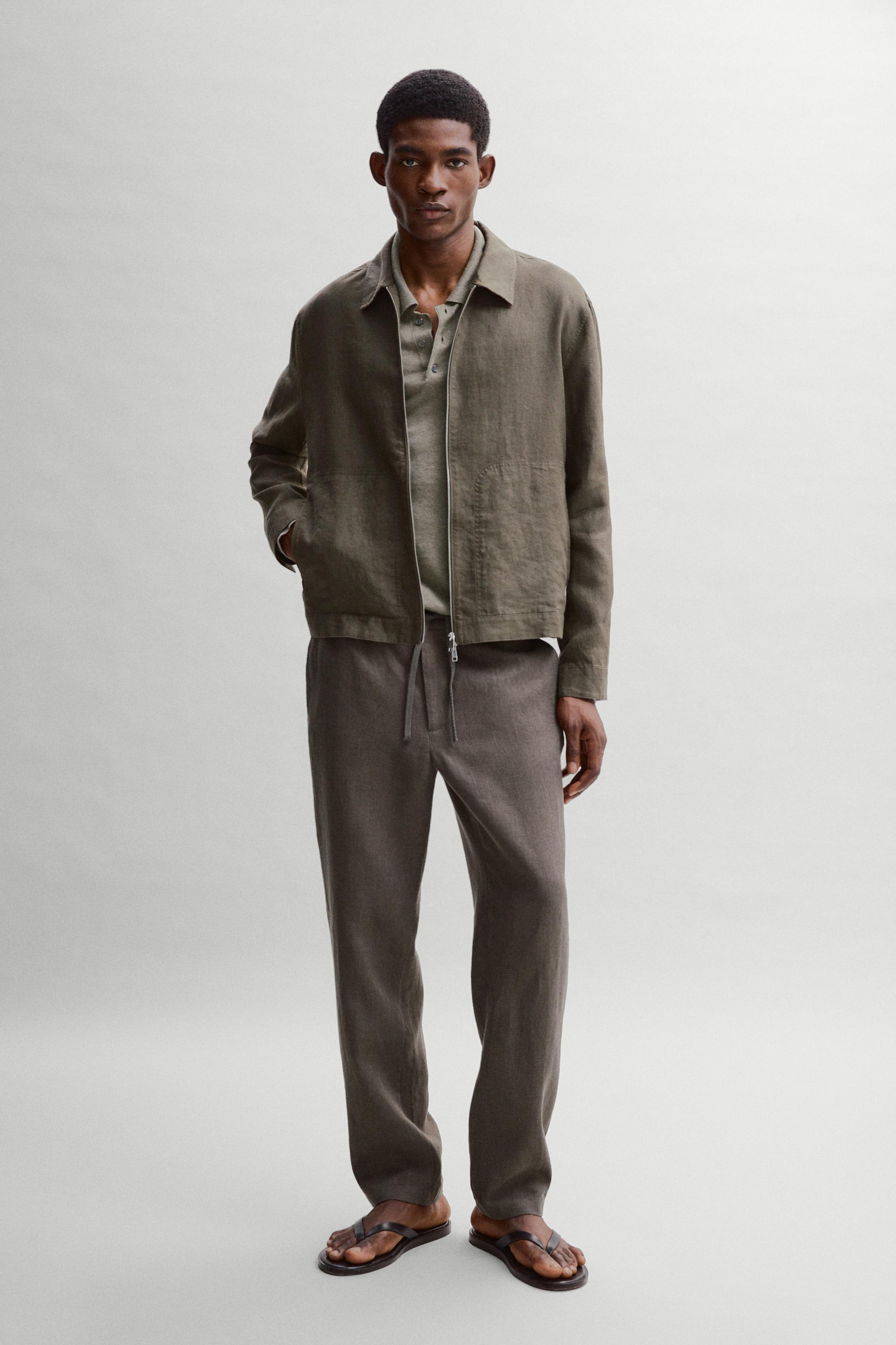 Cropped 100% linen jacket — KHAKI