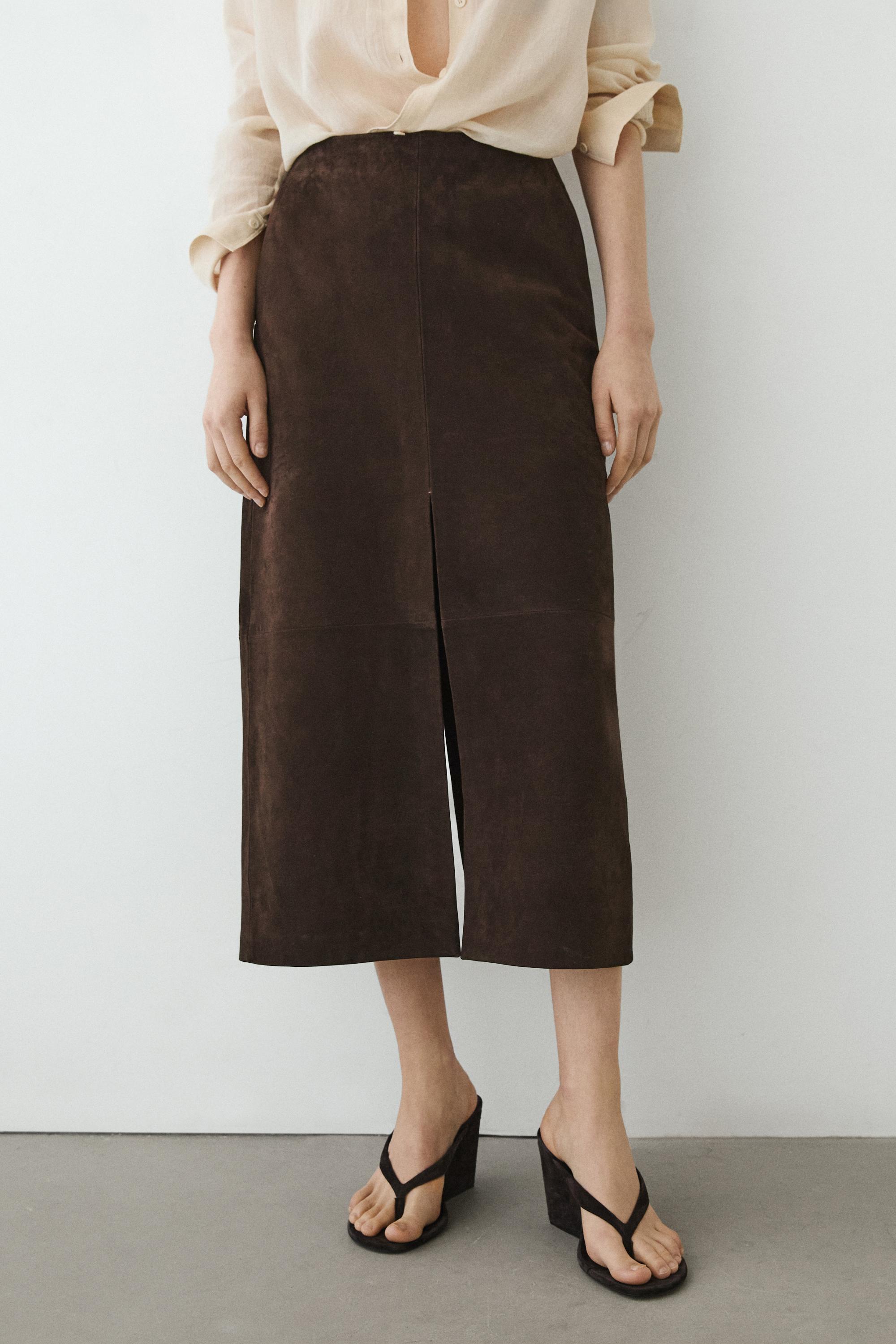 Straight nubuck leather midi skirt