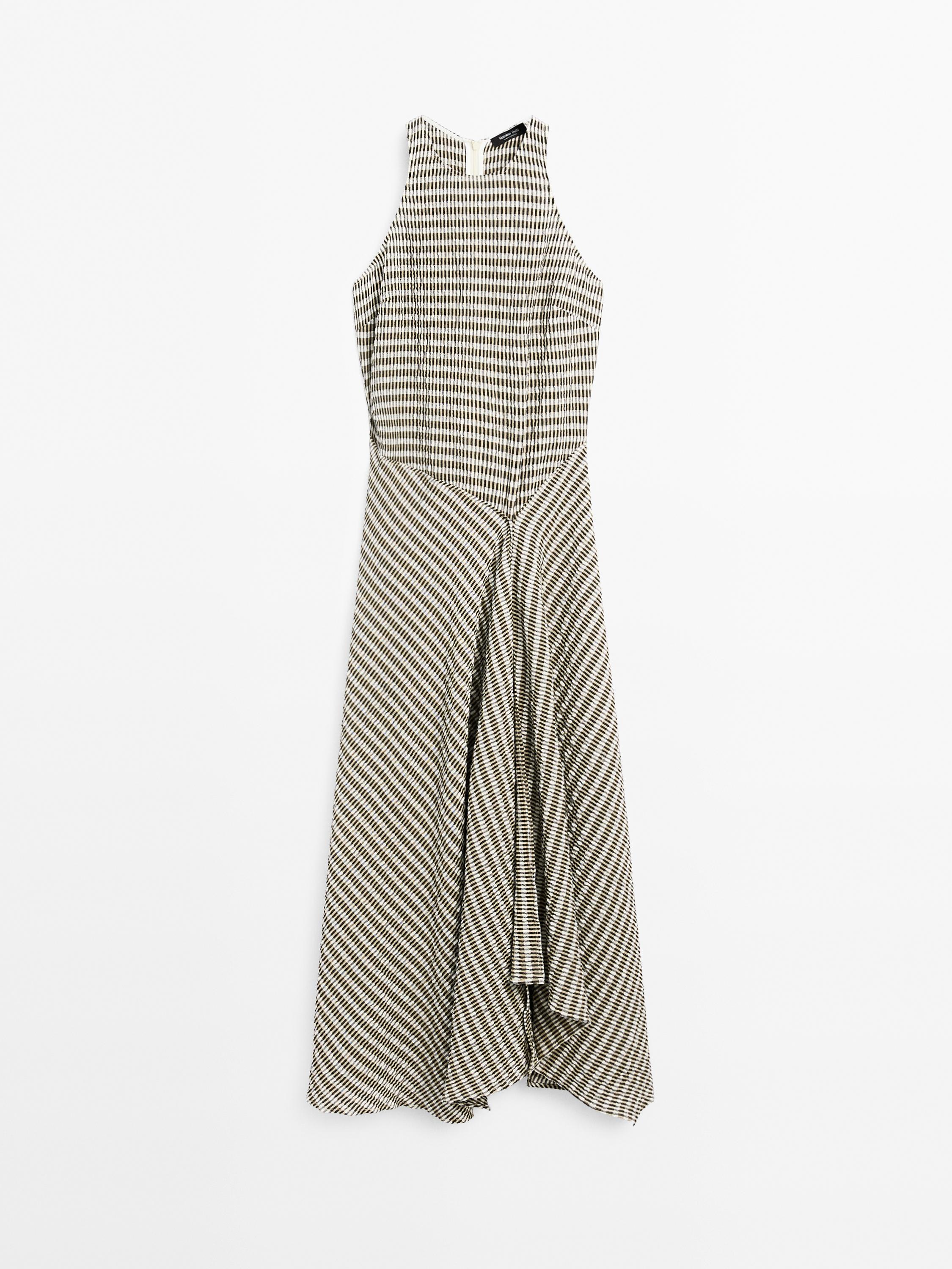 Long check cotton flounce dress