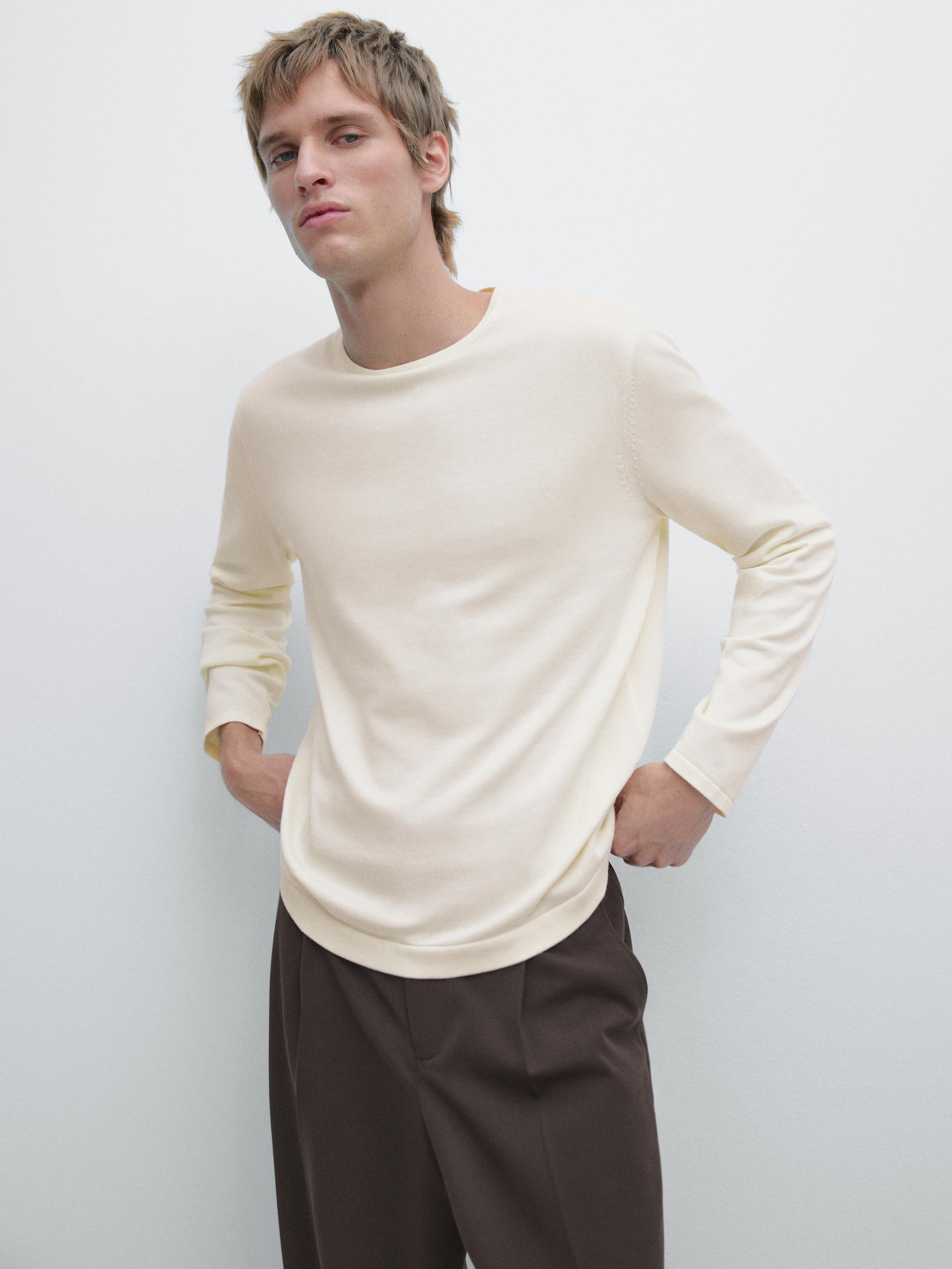Knit 100% cotton crew neck sweater — OFF WHITE
