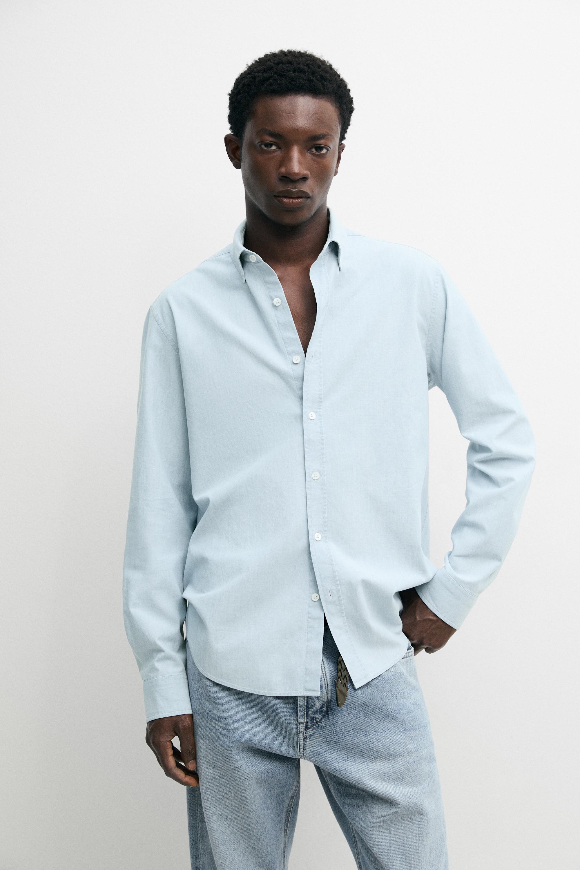 Slim fit 100% cotton denim shirt — SKY BLUE