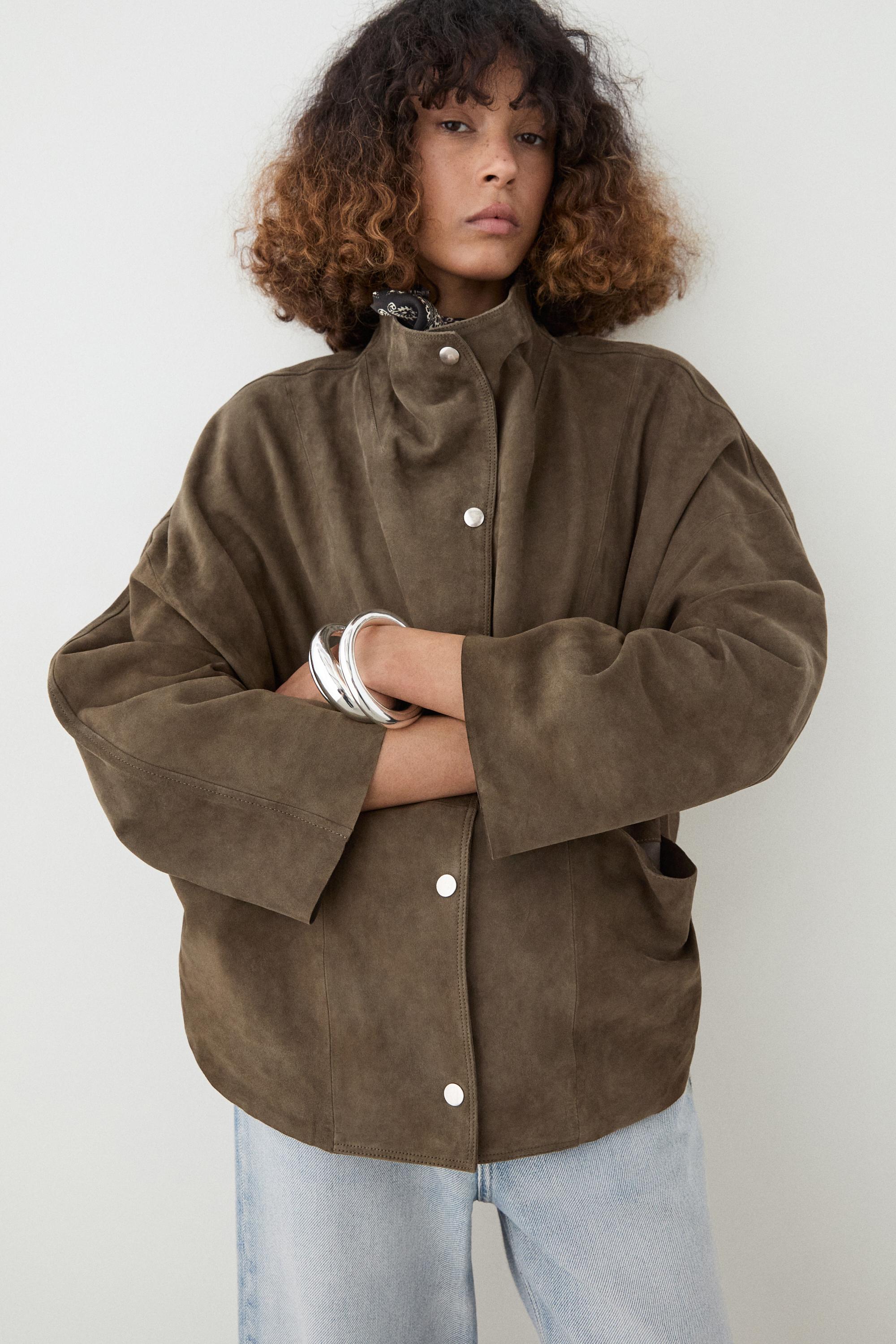Suede leather high neck jacket — KHAKI