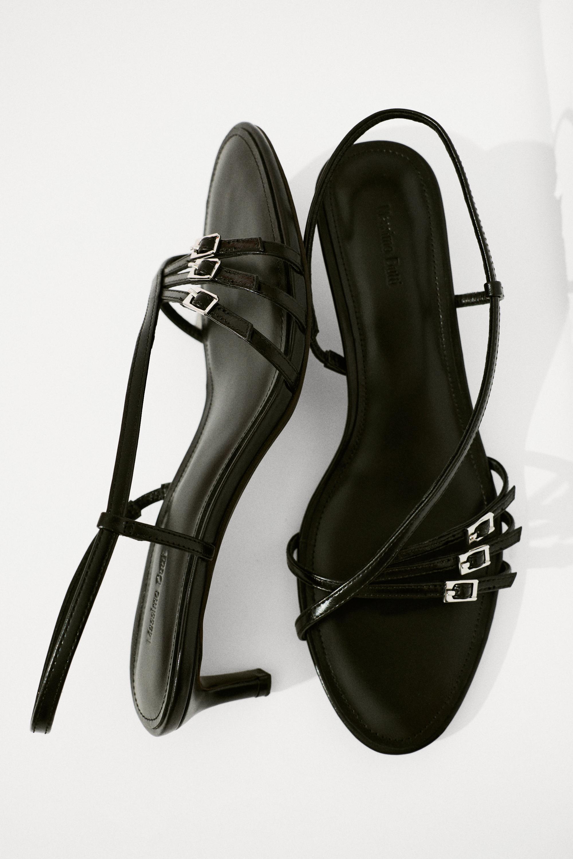 Leather heeled sandals with buckles — BLACK