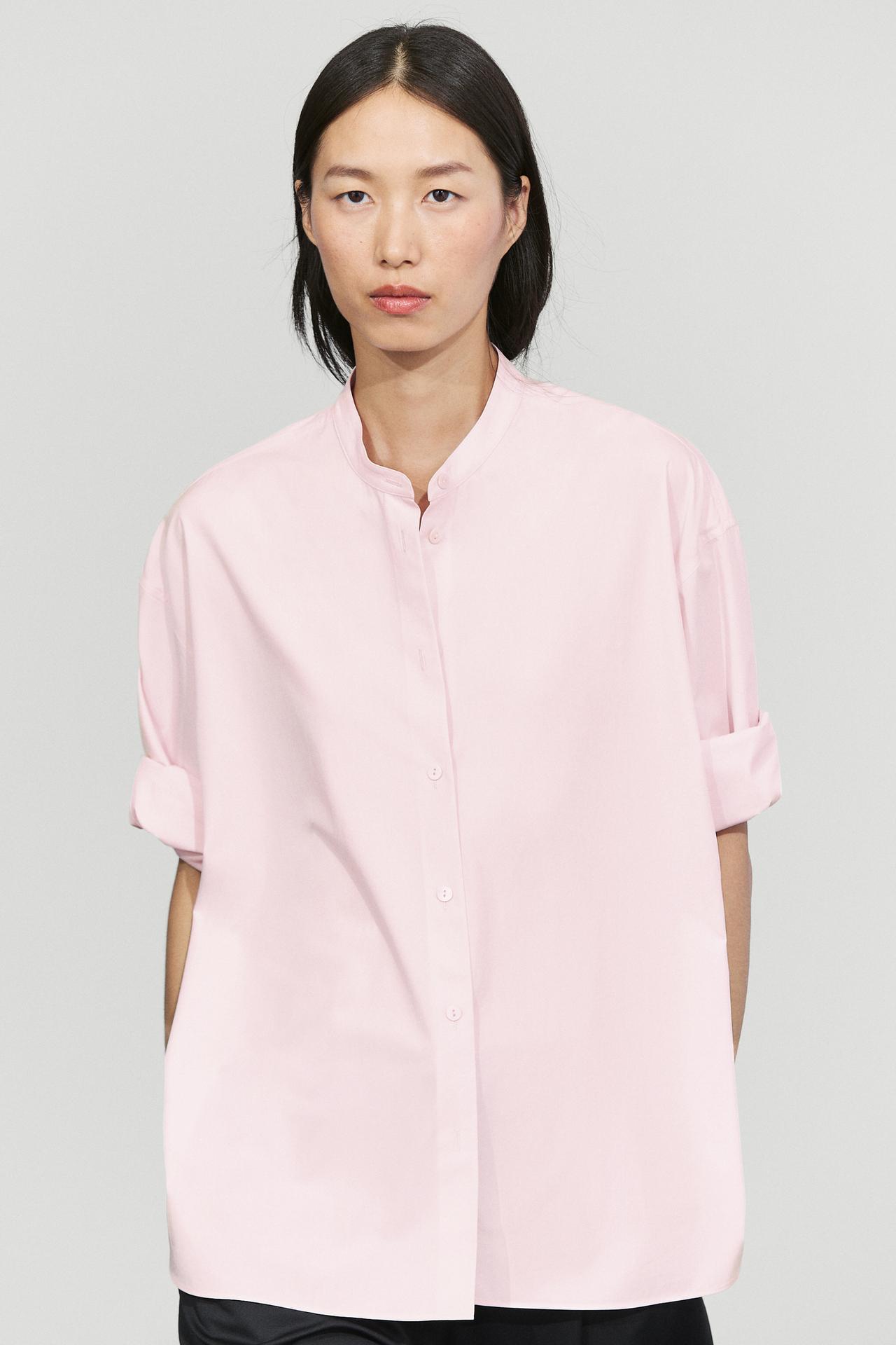 Cotton-blend stand collar shirt — CLAY