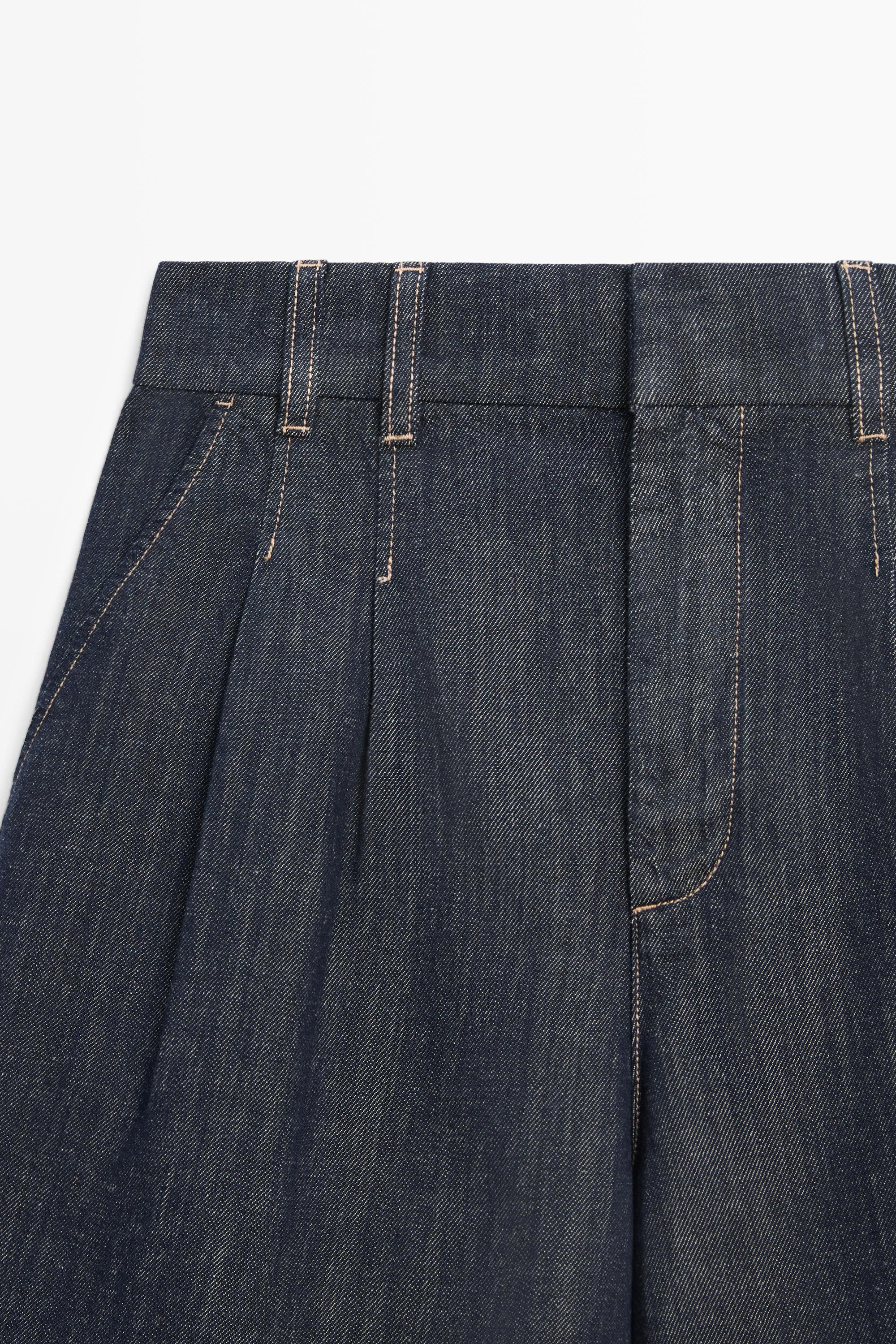 Cotton denim Bermuda shorts with topstitching — DARK BLUE