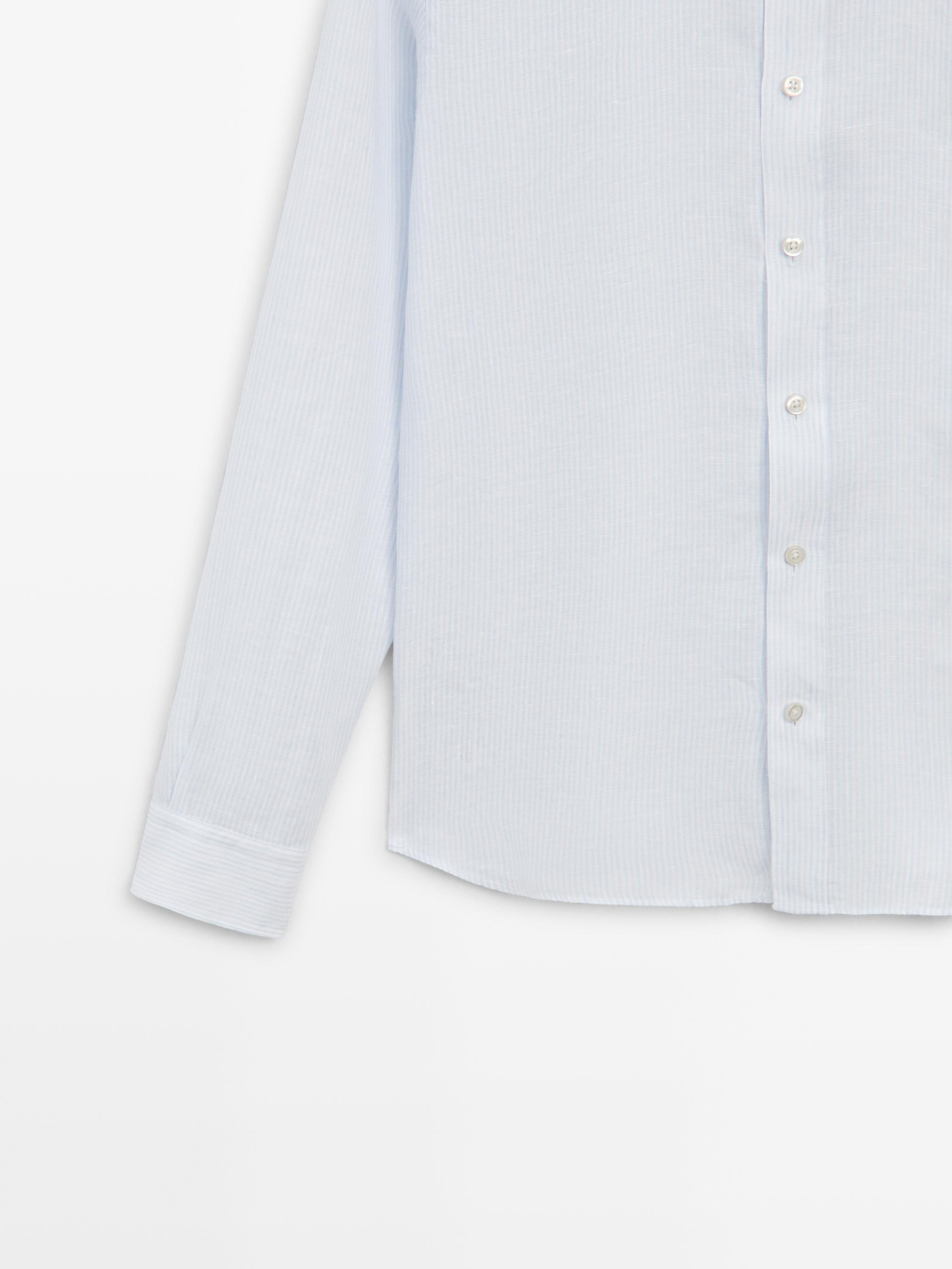 Striped slim fit linen shirt — Sky blue