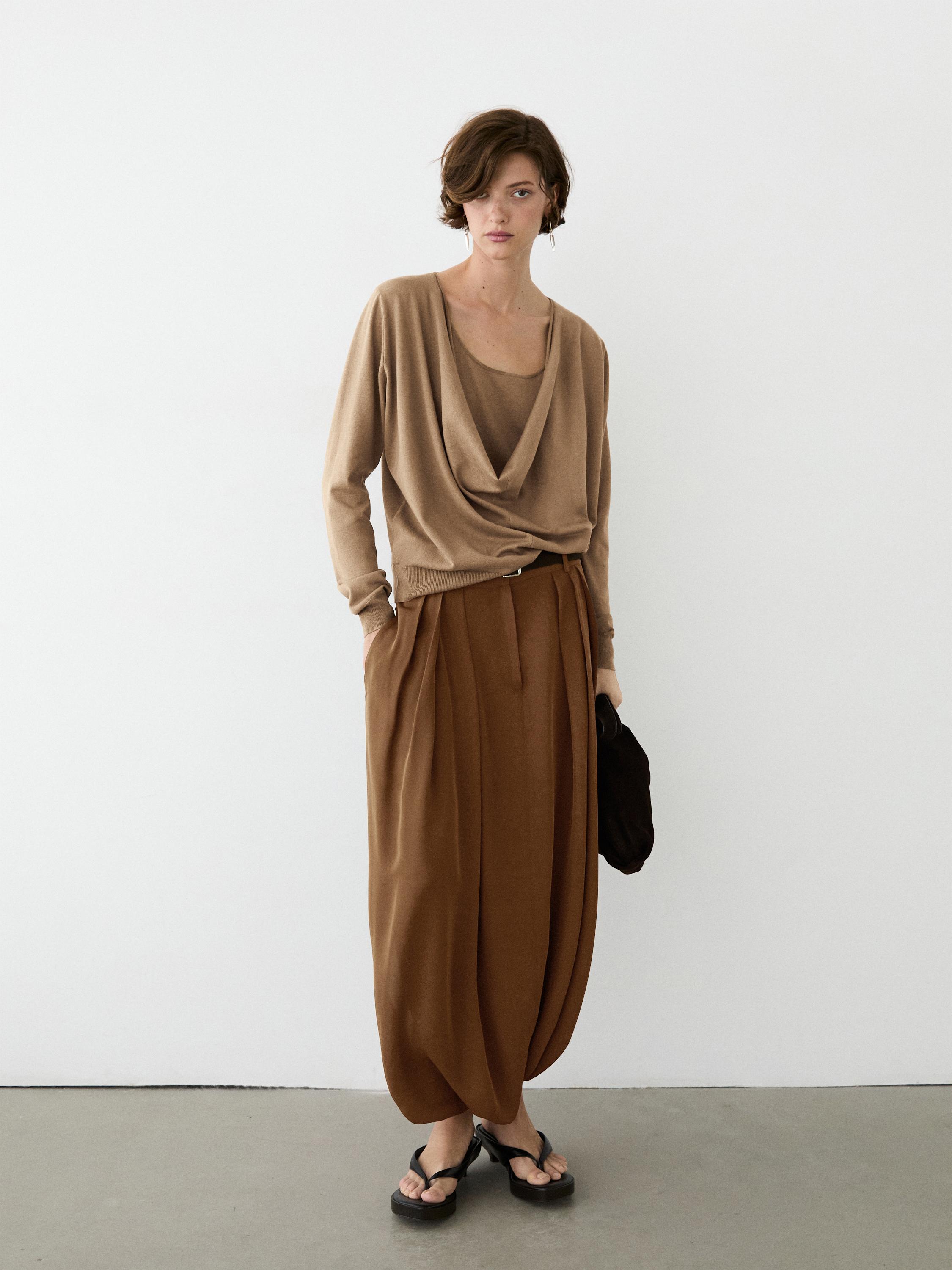 Draped neckline cotton sweater — CAMEL