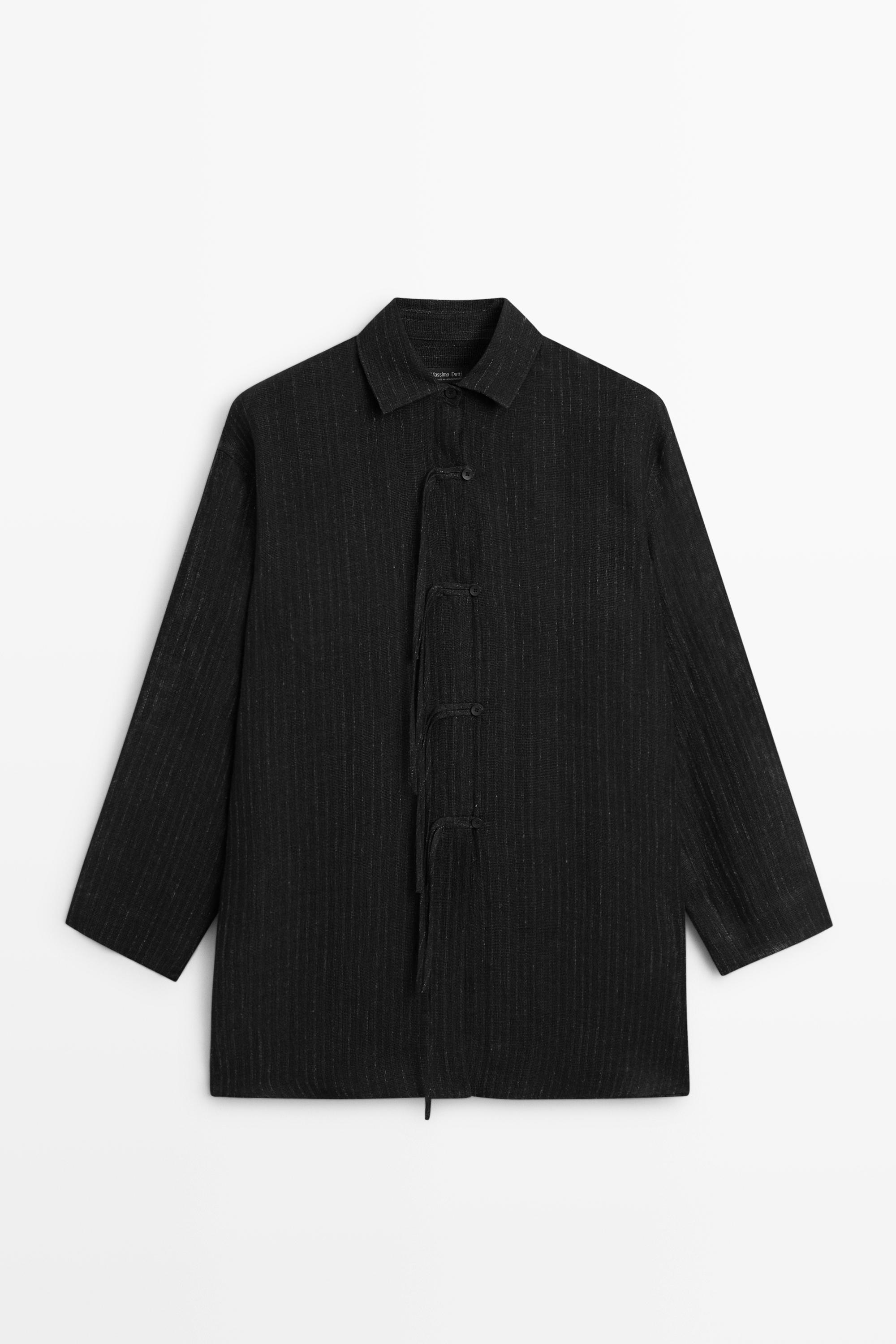Striped linen blend oversize blouse with button detail — BLACK