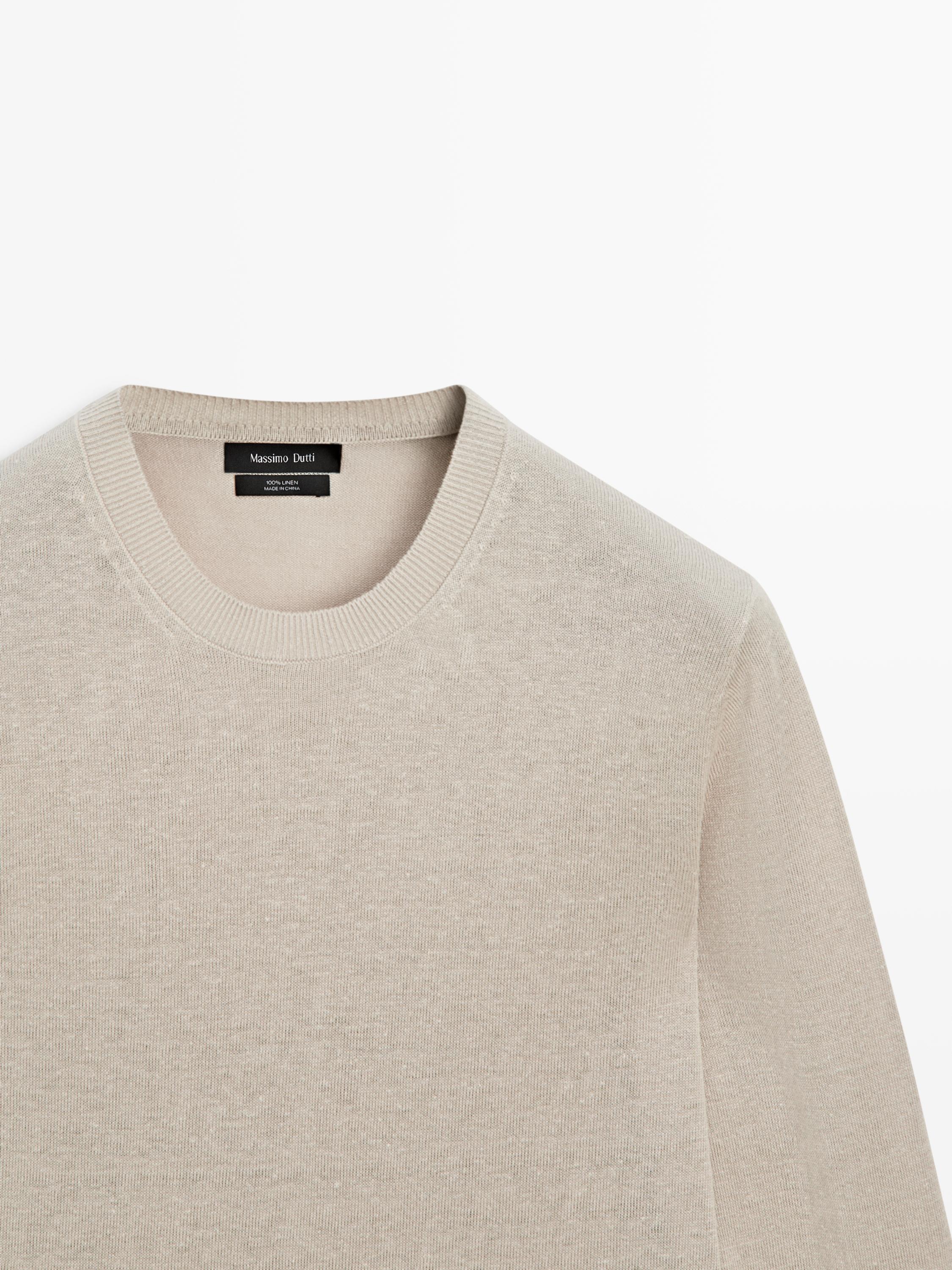 100% linen knit crew neck sweater — BEIGE
