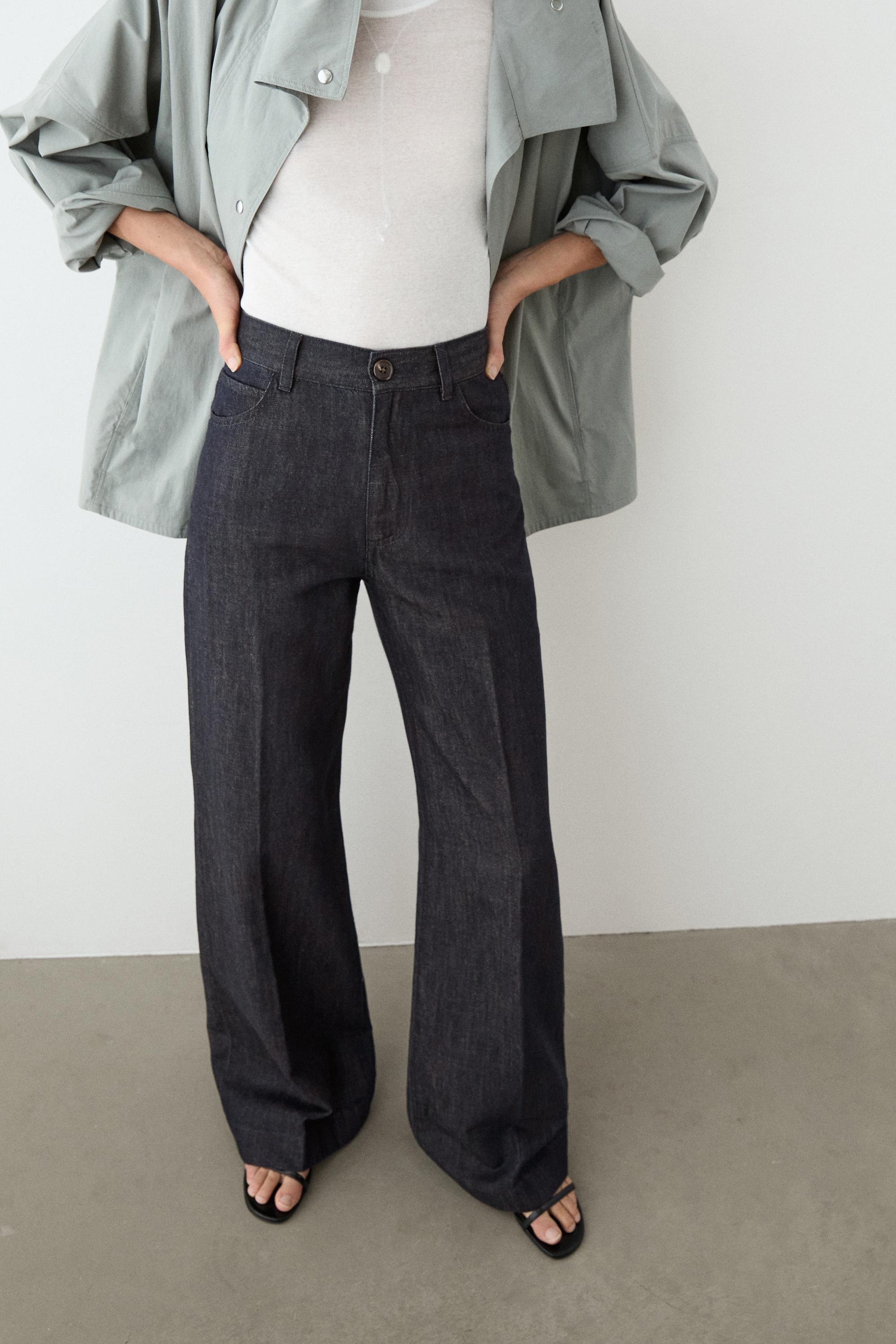 High-waist palazzo denim pants co-ord — DARK BLUE