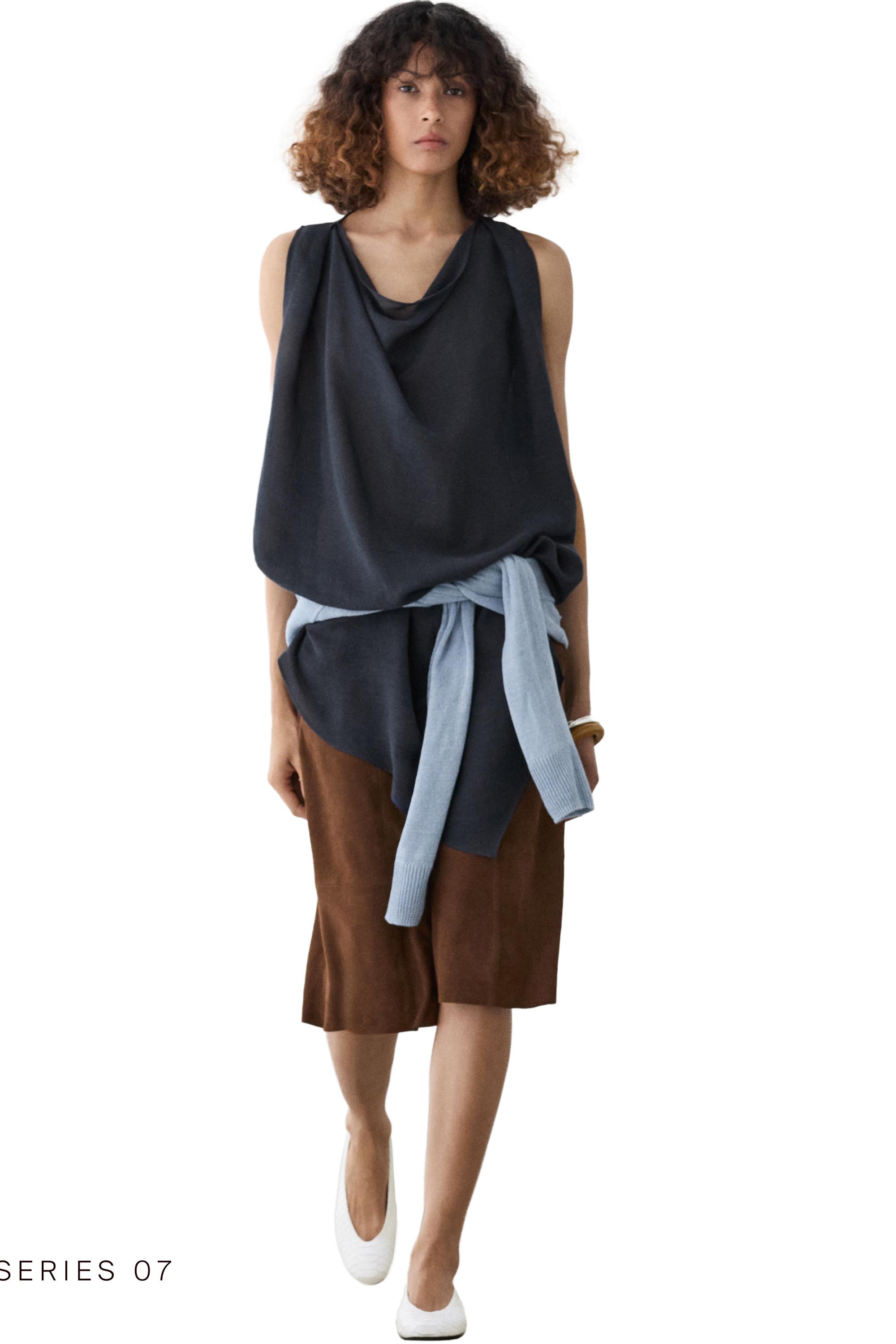 Asymmetric linen blend top — DARK BLUE