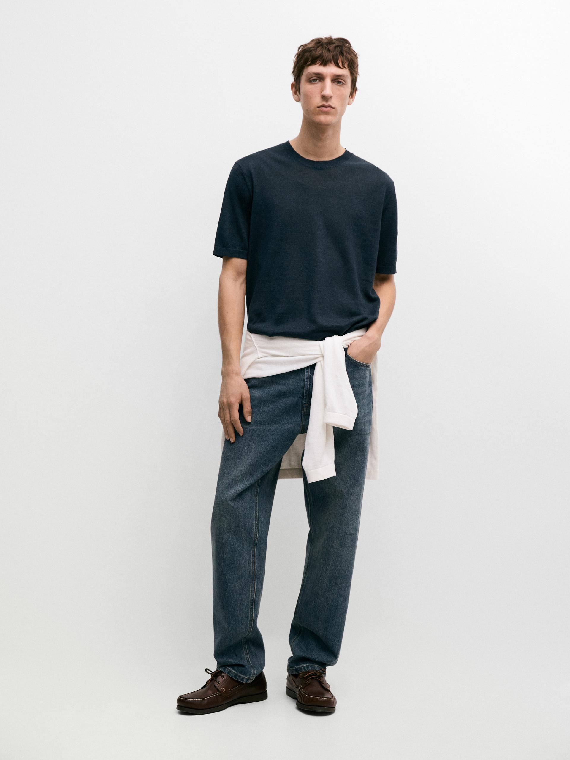 T-Shirt En Maille Légère 100 % Lin - Bleu Marine - L - Massimo Dutti - Homme