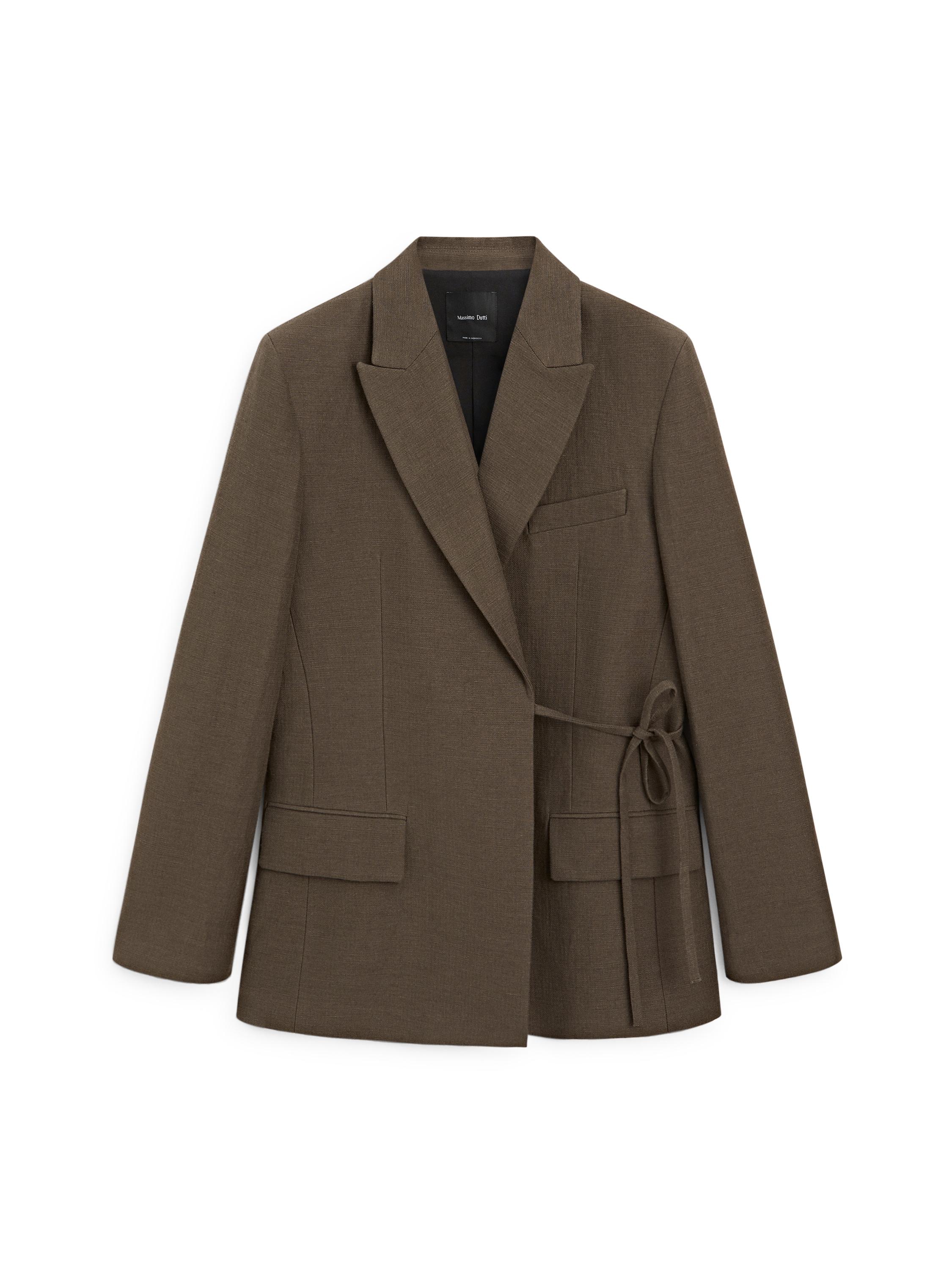 Double-breasted cotton blend blazer with tie detail — DARK GREEN