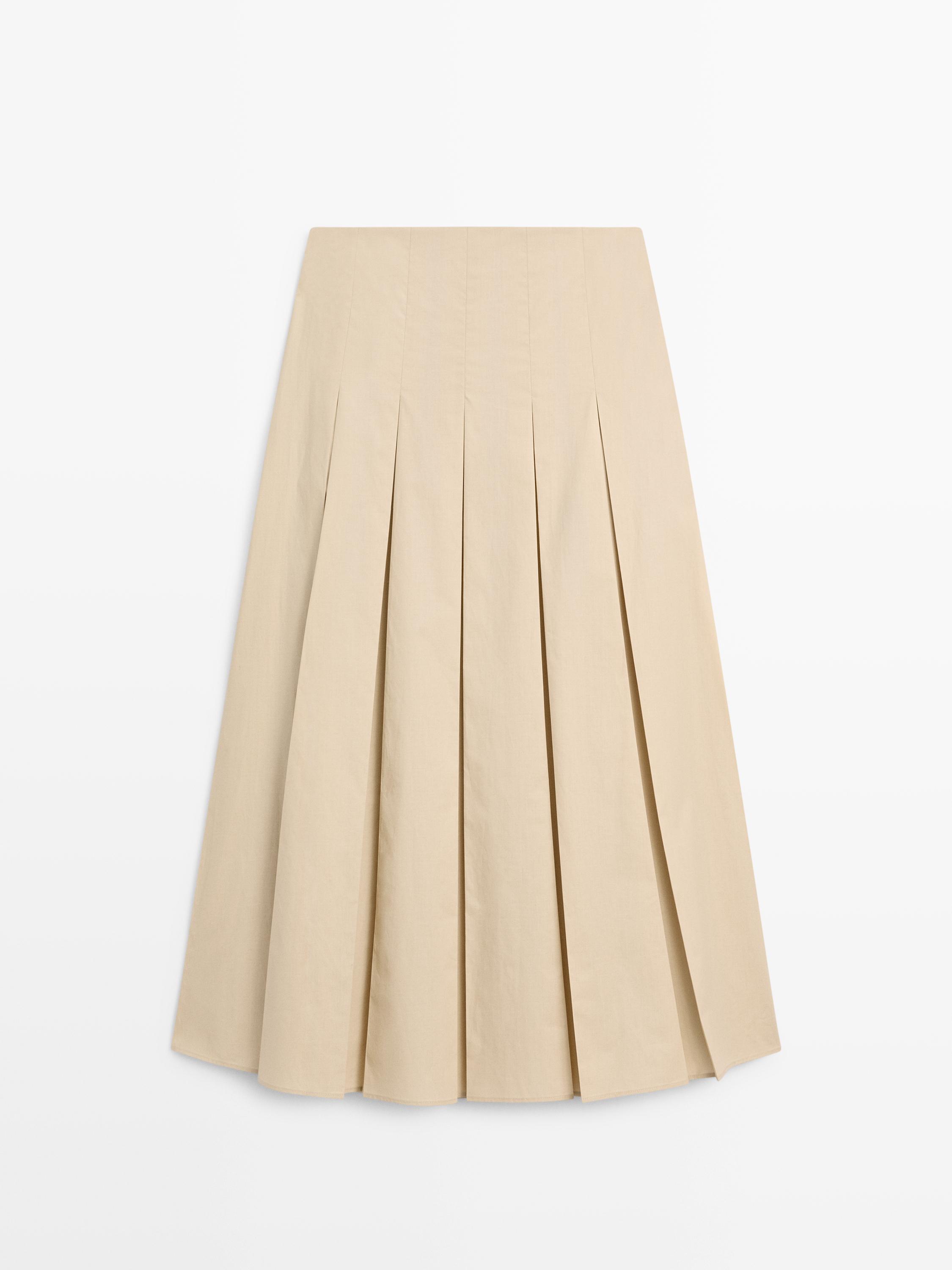 Cotton box pleat midi skirt — SAND