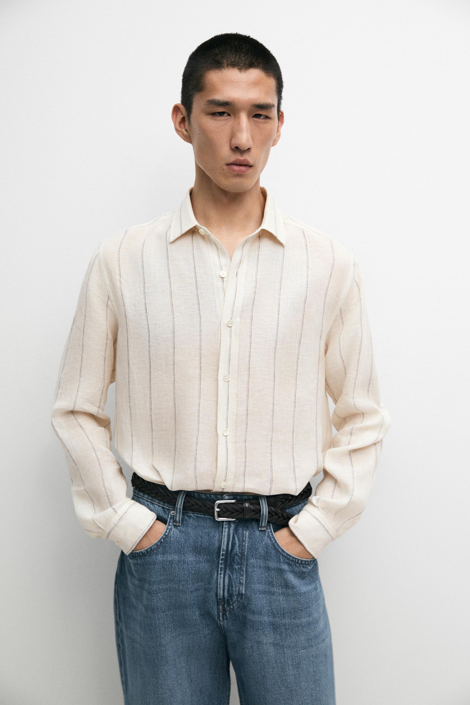 100% linen regular fit striped shirt — CREAM