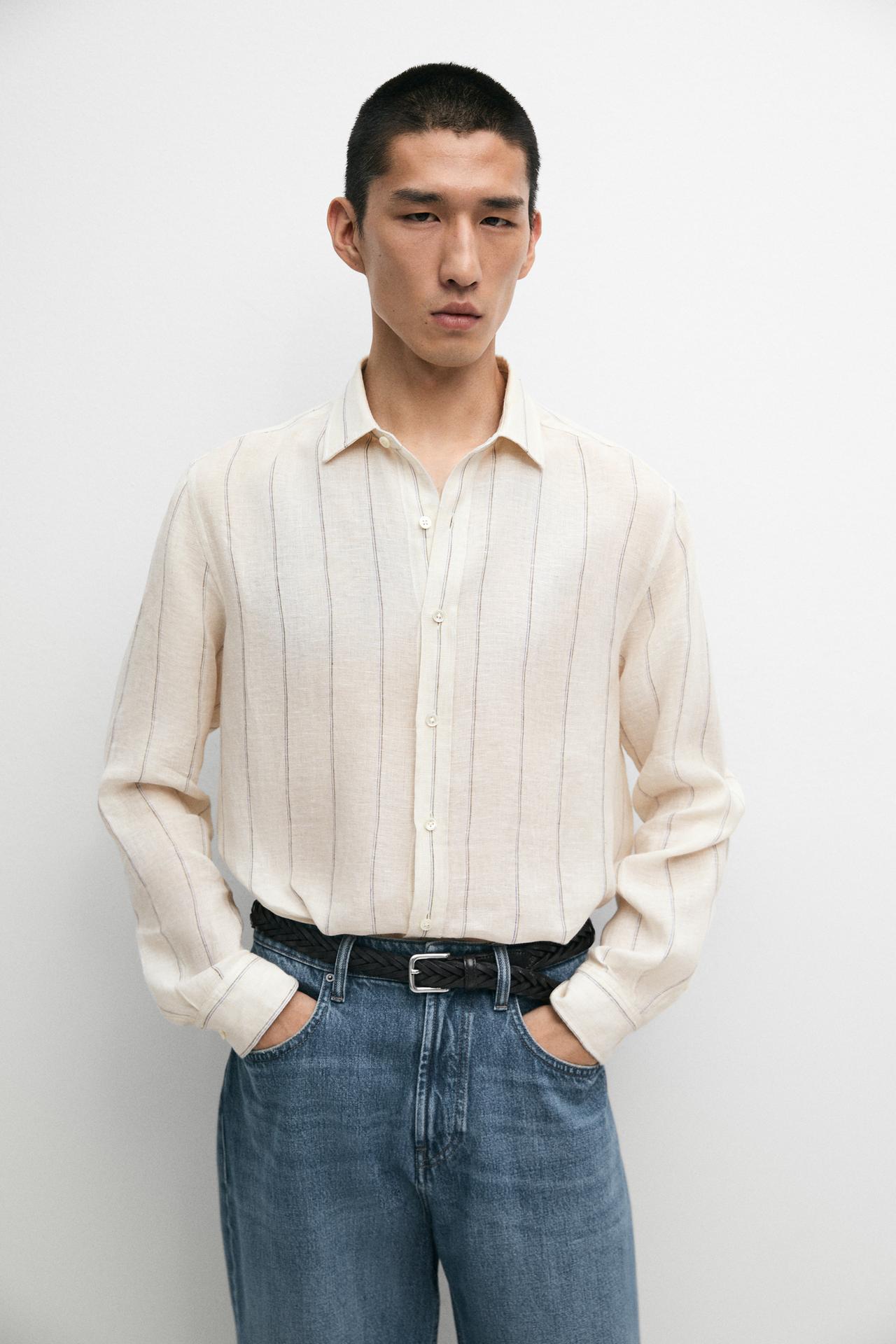 100% linen regular fit striped shirt — CREAM
