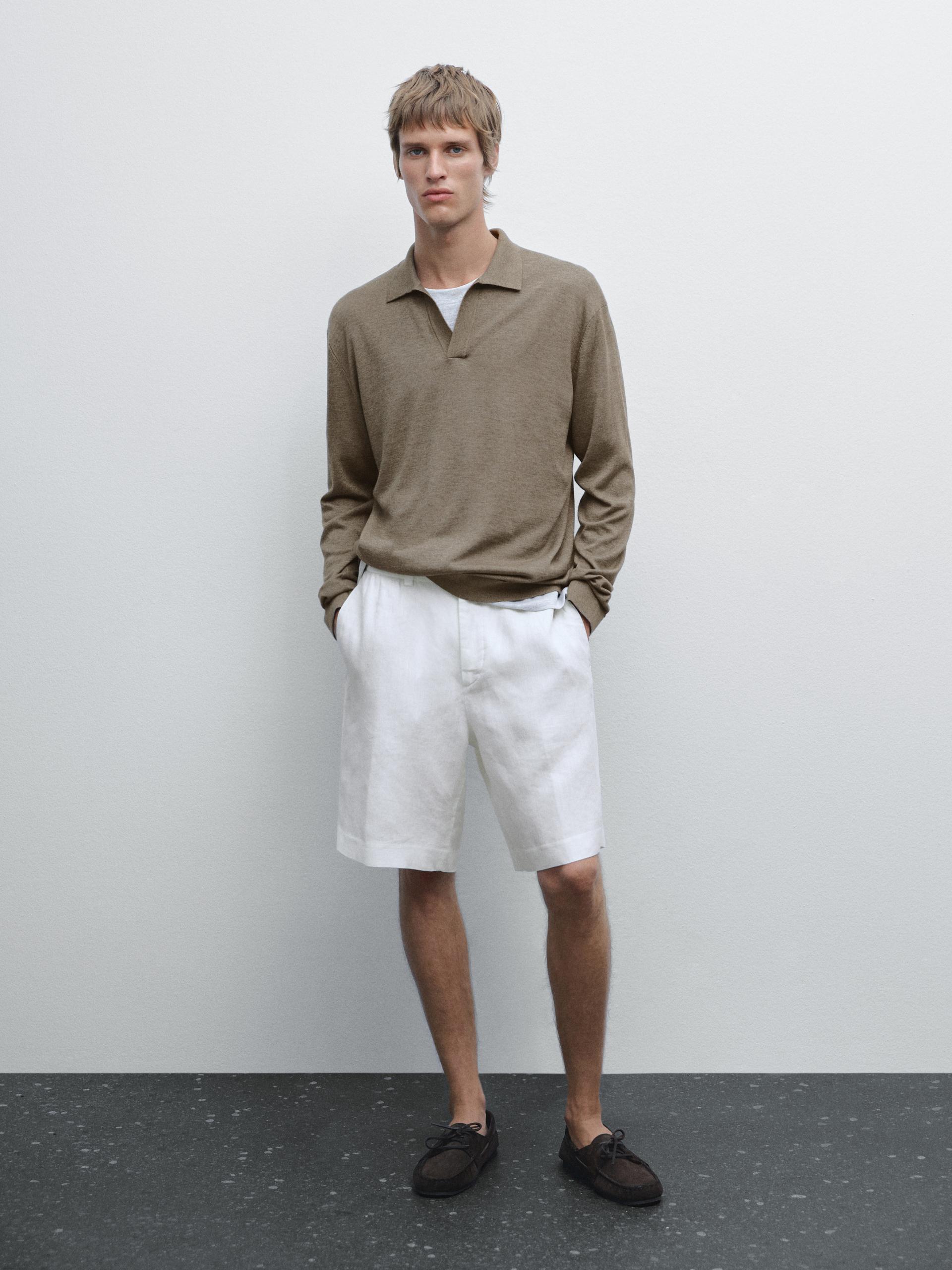 Pull En Maille À Col Polo - Kaki - M - Massimo Dutti - Homme