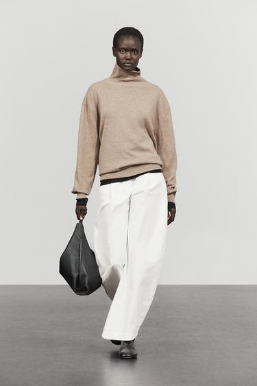 100% cashmere high neck knit sweater — BEIGE 1