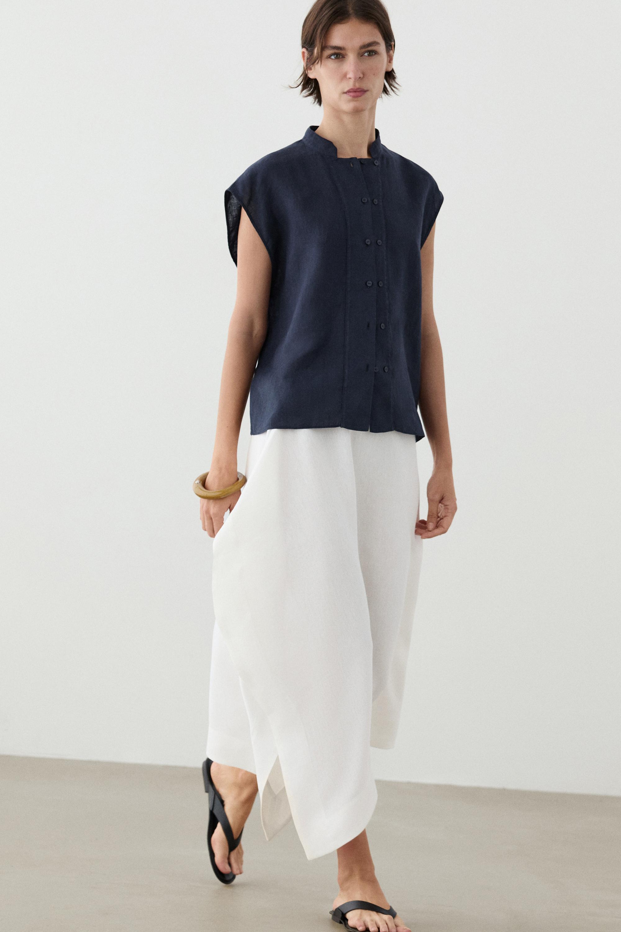 Flowing 100% linen shirt with button detail — DARK NAVY