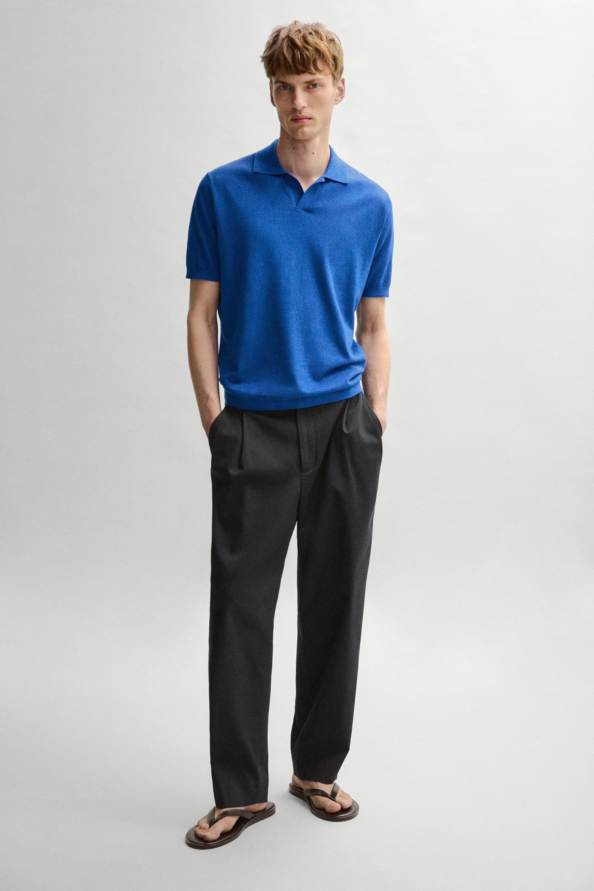 Cotton and linen knit polo sweater — Blue