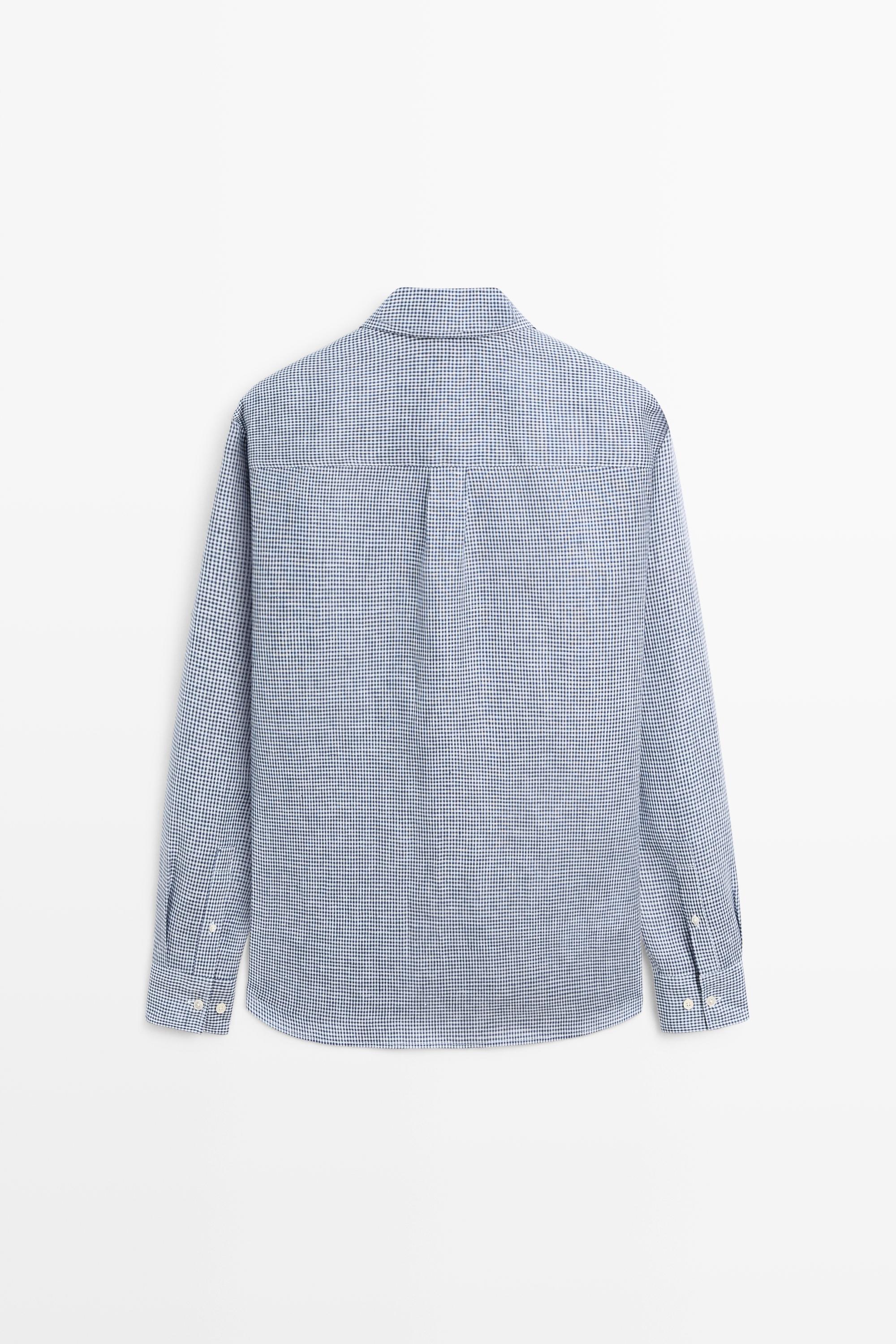 100% linen regular fit gingham shirt — NAVY BLUE
