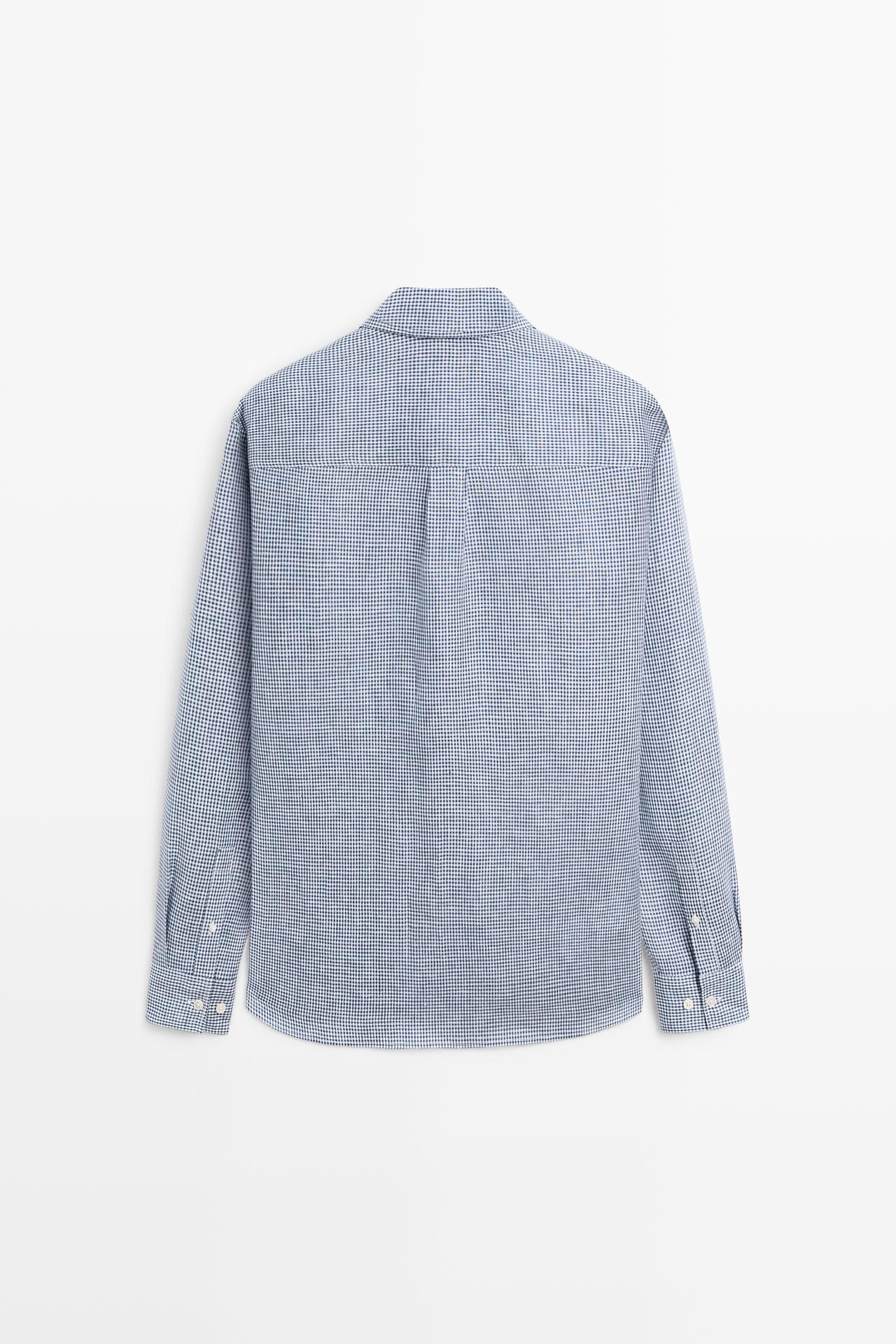 100% linen regular fit gingham shirt — NAVY BLUE