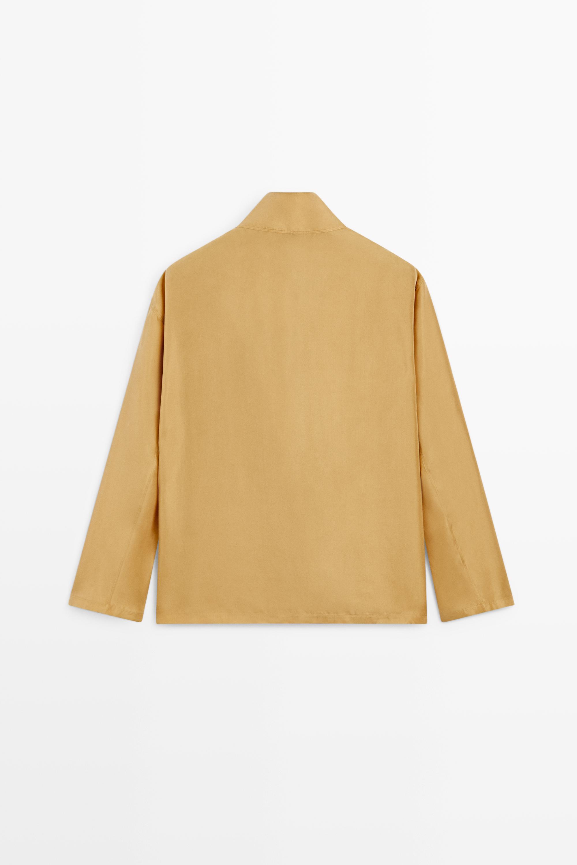 100% silk crossover mock neck shirt — MUSTARD YELLOW