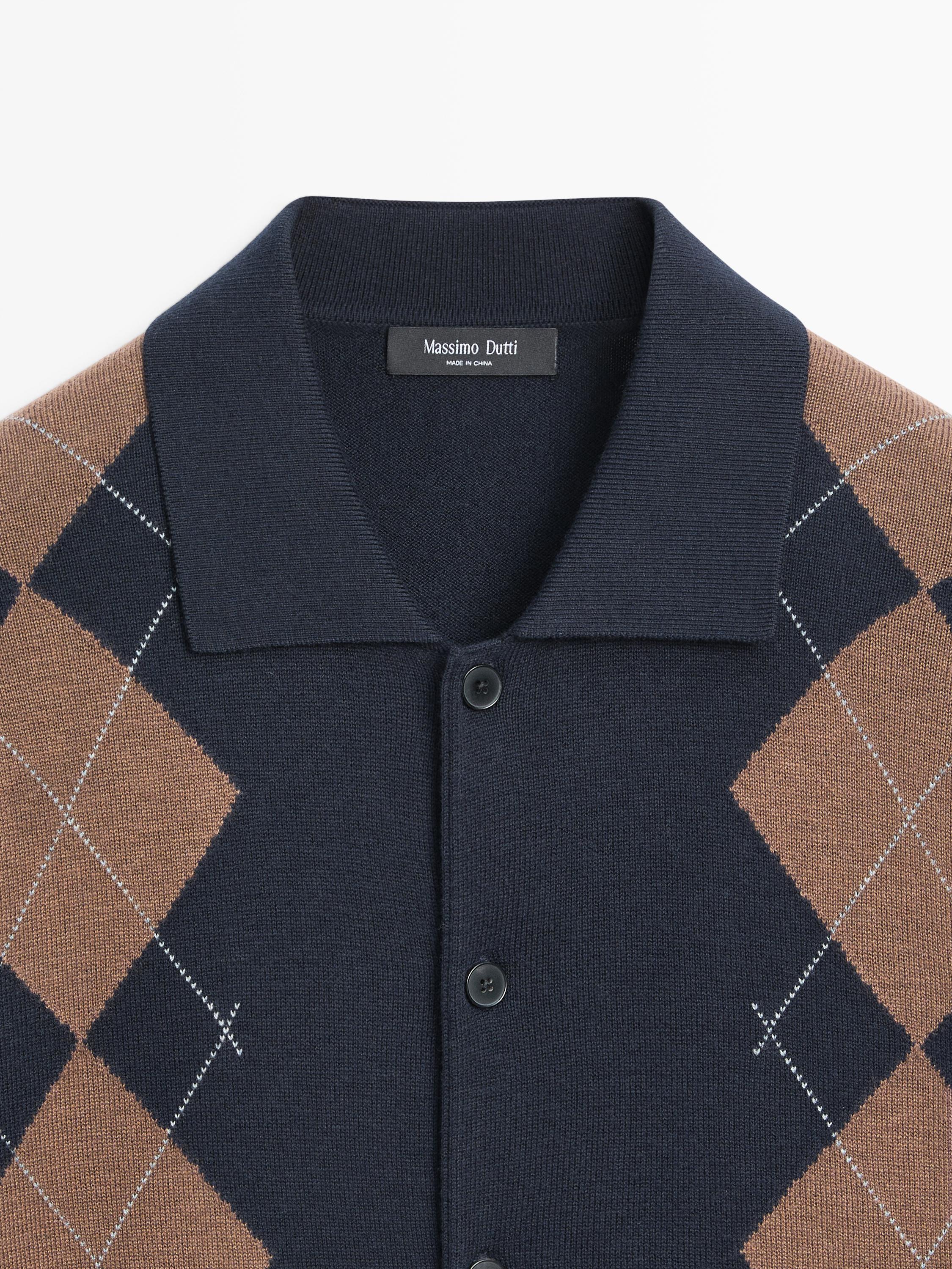 Wool blend argyle knit cardigan — NAVY BLUE