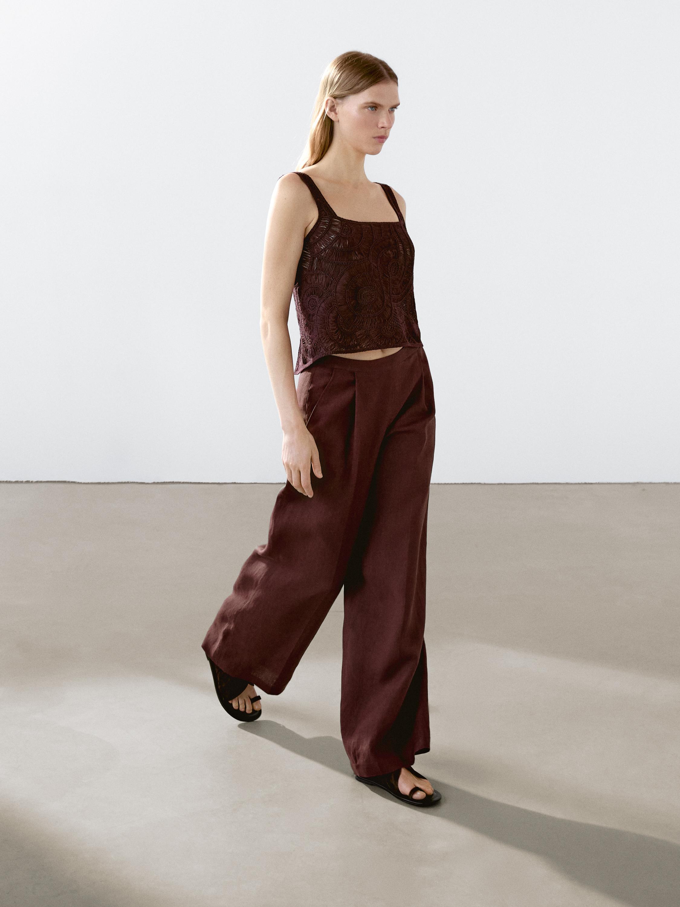 Flowing 100% linen trousers with darts