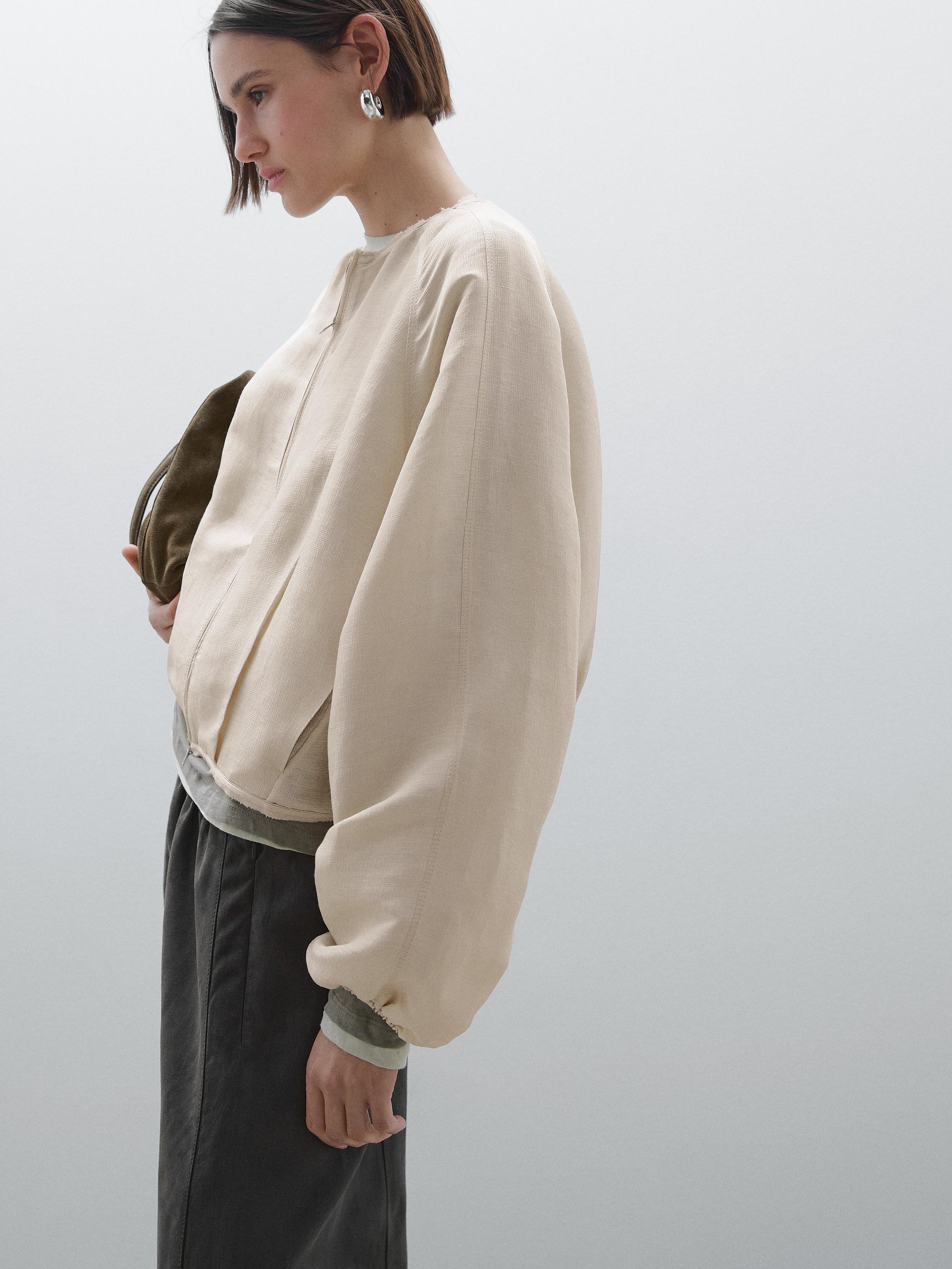 Frayed linen and silk bomber jacket · Beige, Sand Brown