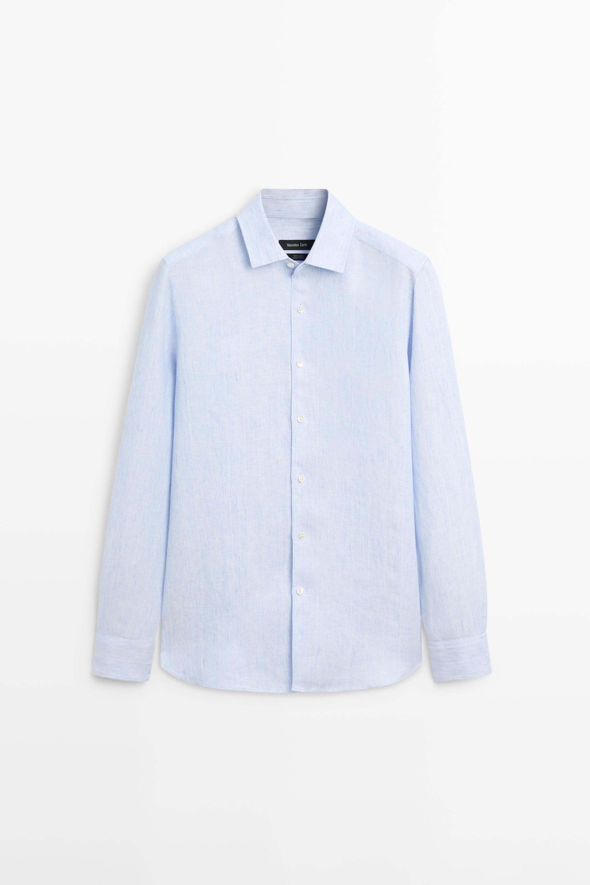 100% linen regular fit striped shirt — Light Blue