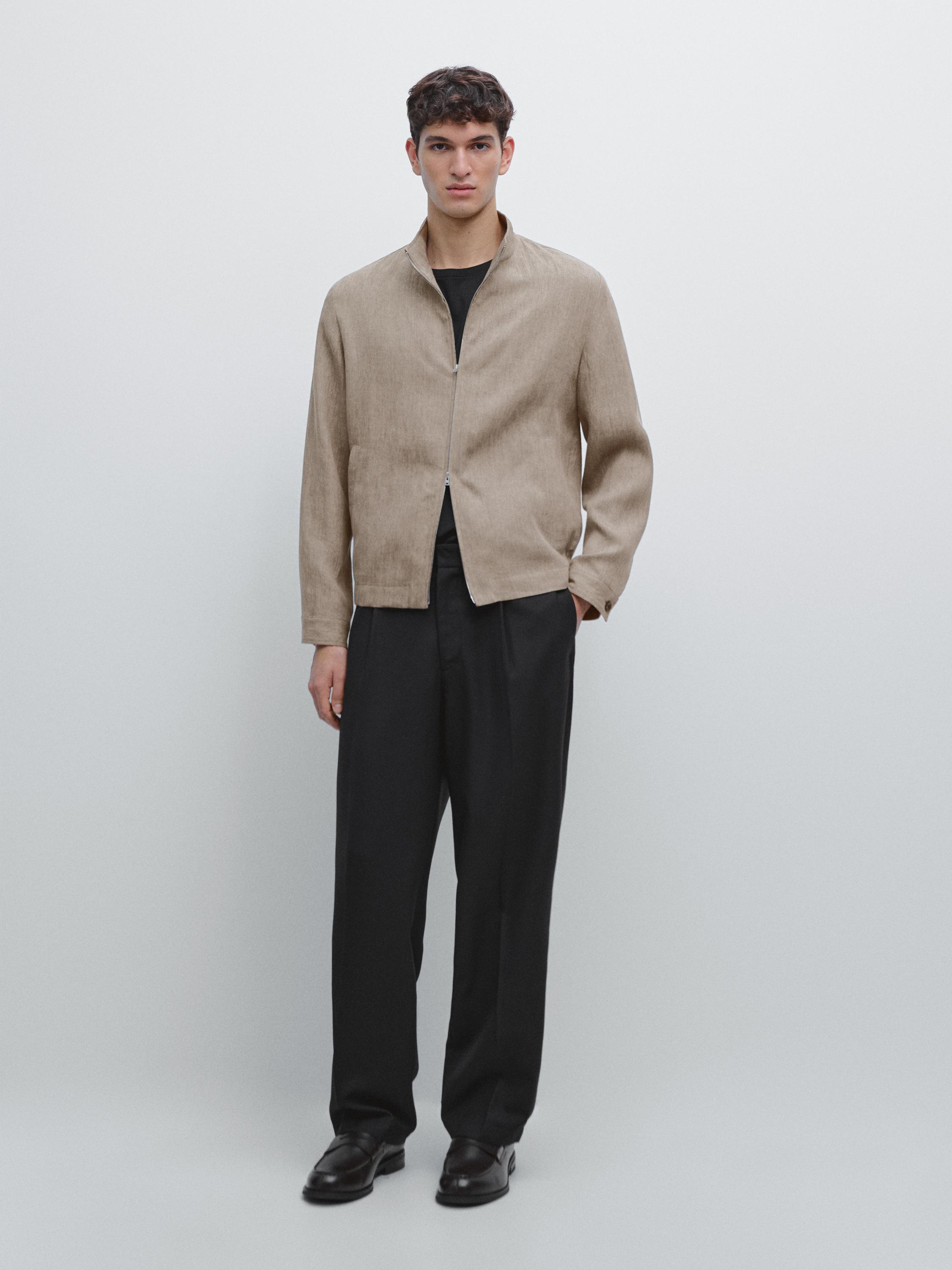 Faded total look linen bomber jacket — BROWN