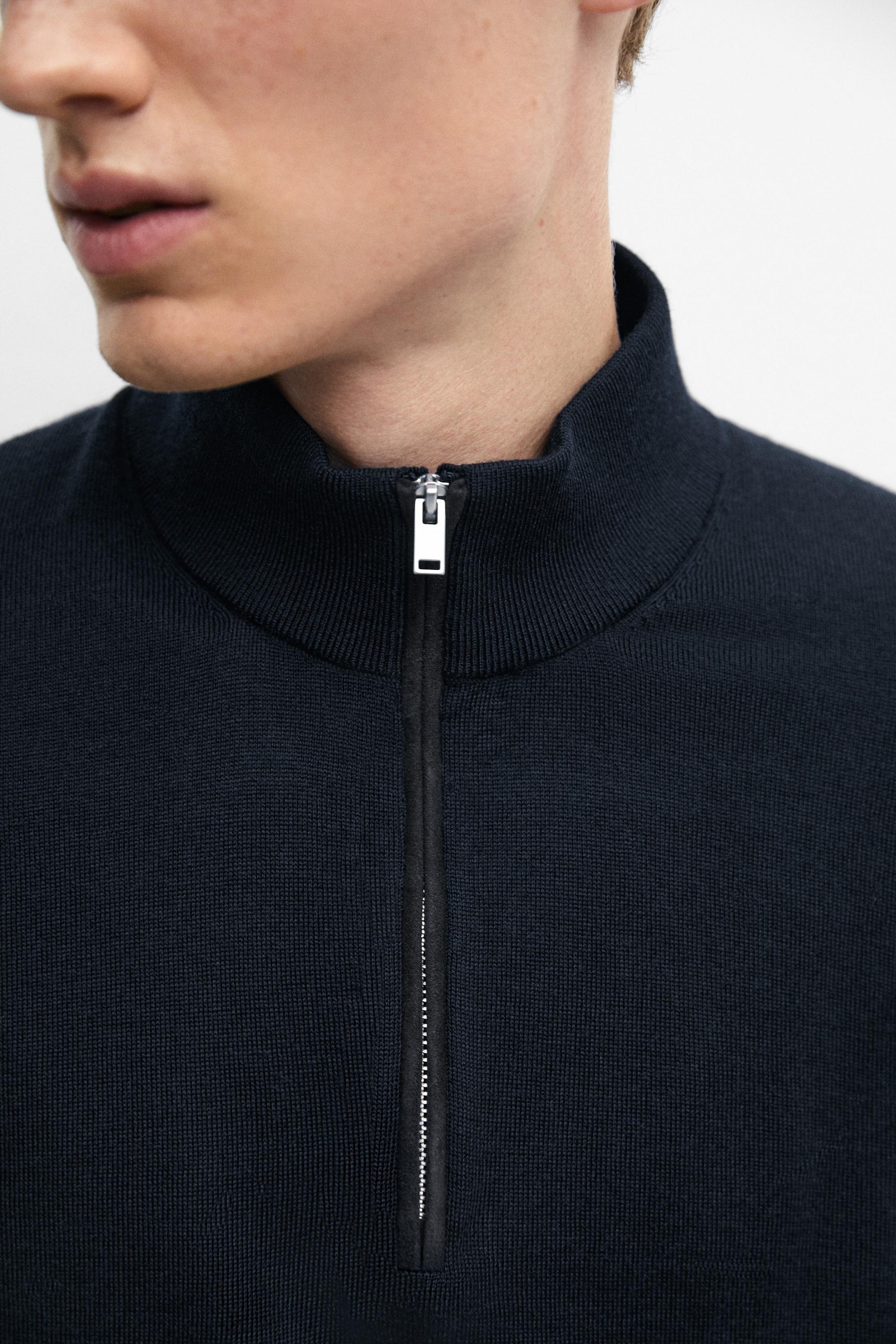 Merino wool blend mock neck knit sweater — NAVY BLUE