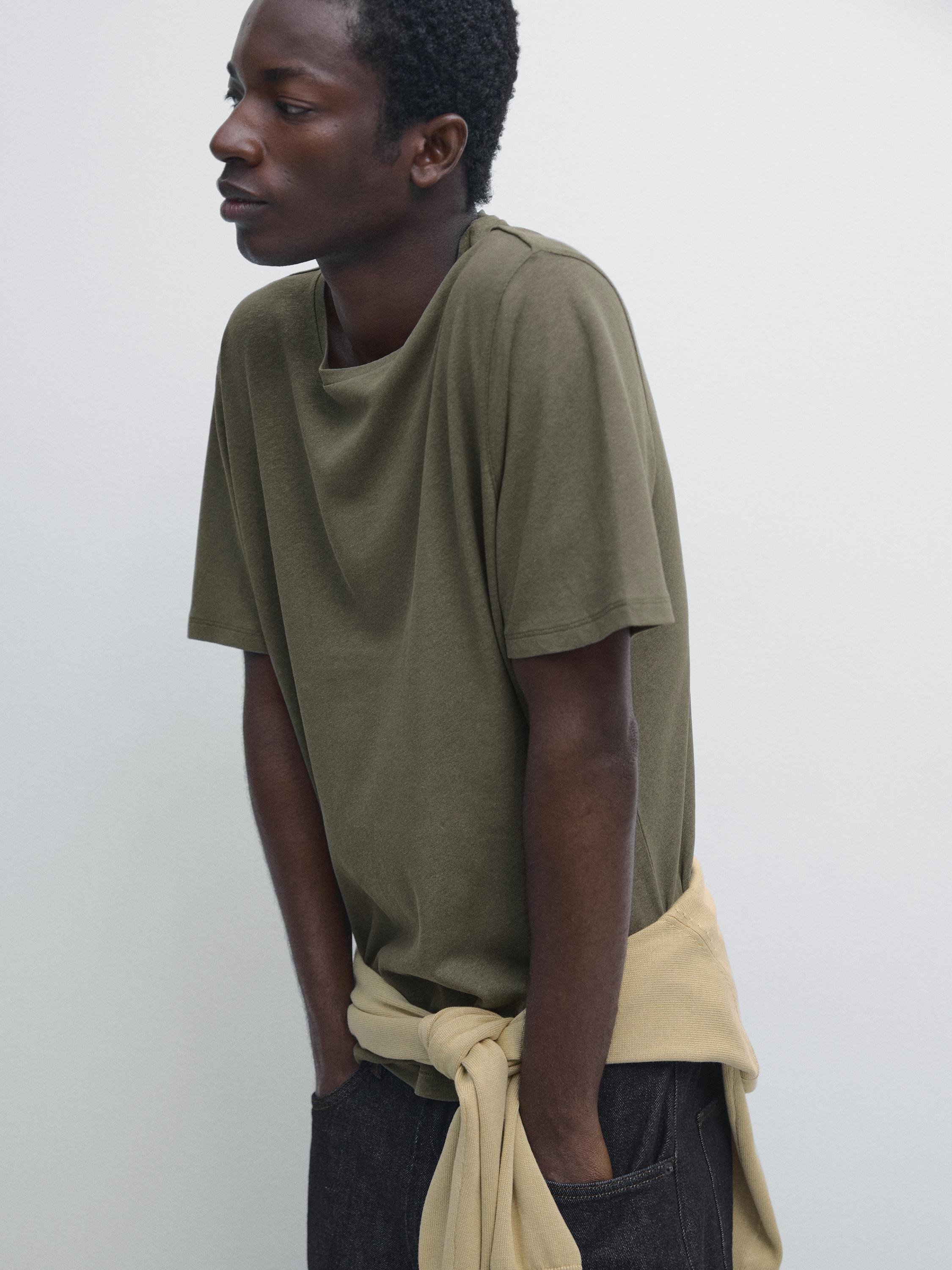 Short sleeve linen and cotton T-shirt — PALE KHAKI
