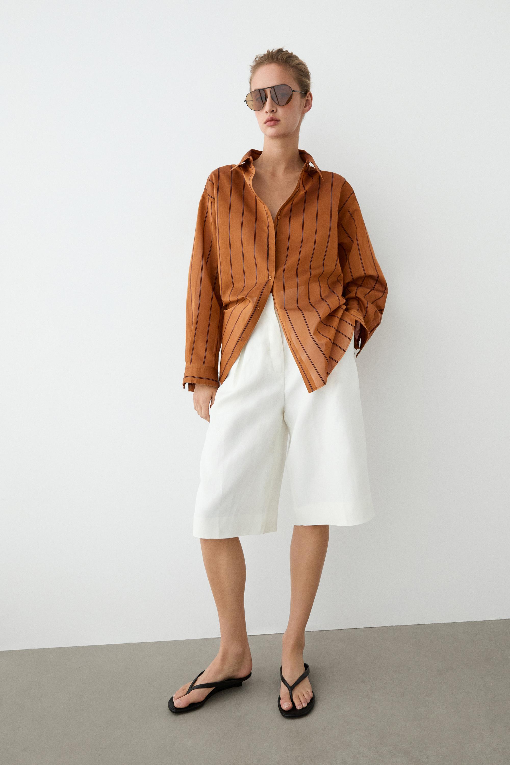 Striped fluid cotton and silk blend shirt — ORANGE