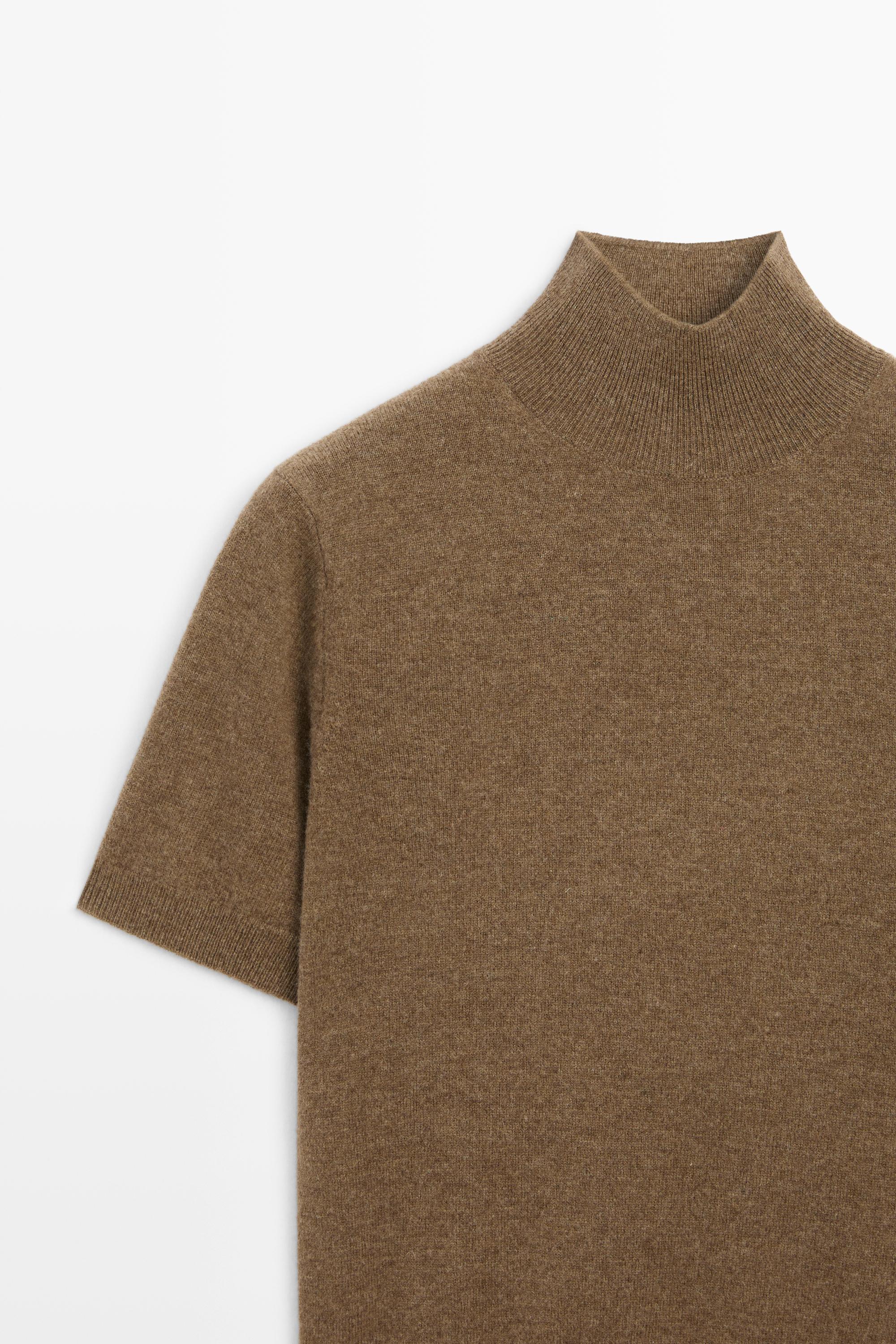 Wool-cashmere blend short sleeve knit sweater — BROWN MARL