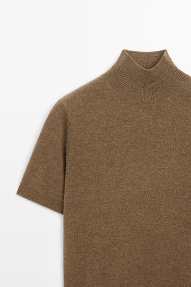 Wool-cashmere blend short sleeve knit sweater — BROWN MARL 4