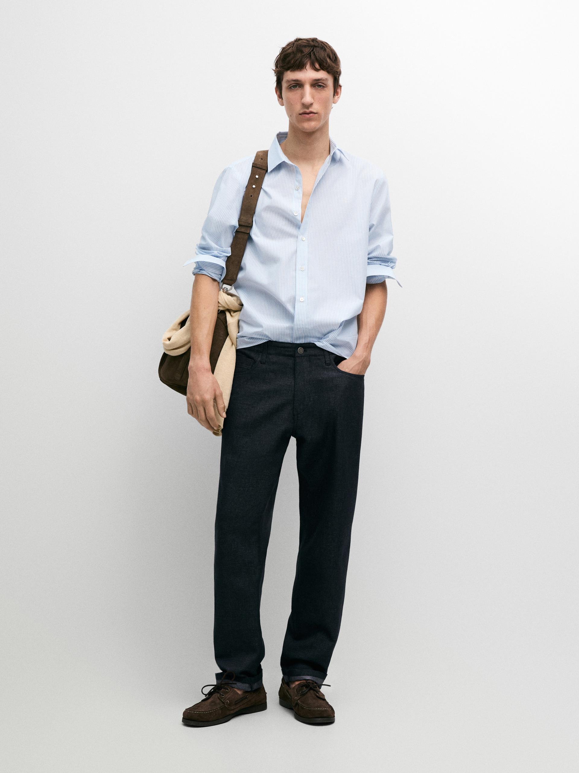 100% Cotton Striped Shirt - Błękitny - Xl - Massimo Dutti - Mężczyzna