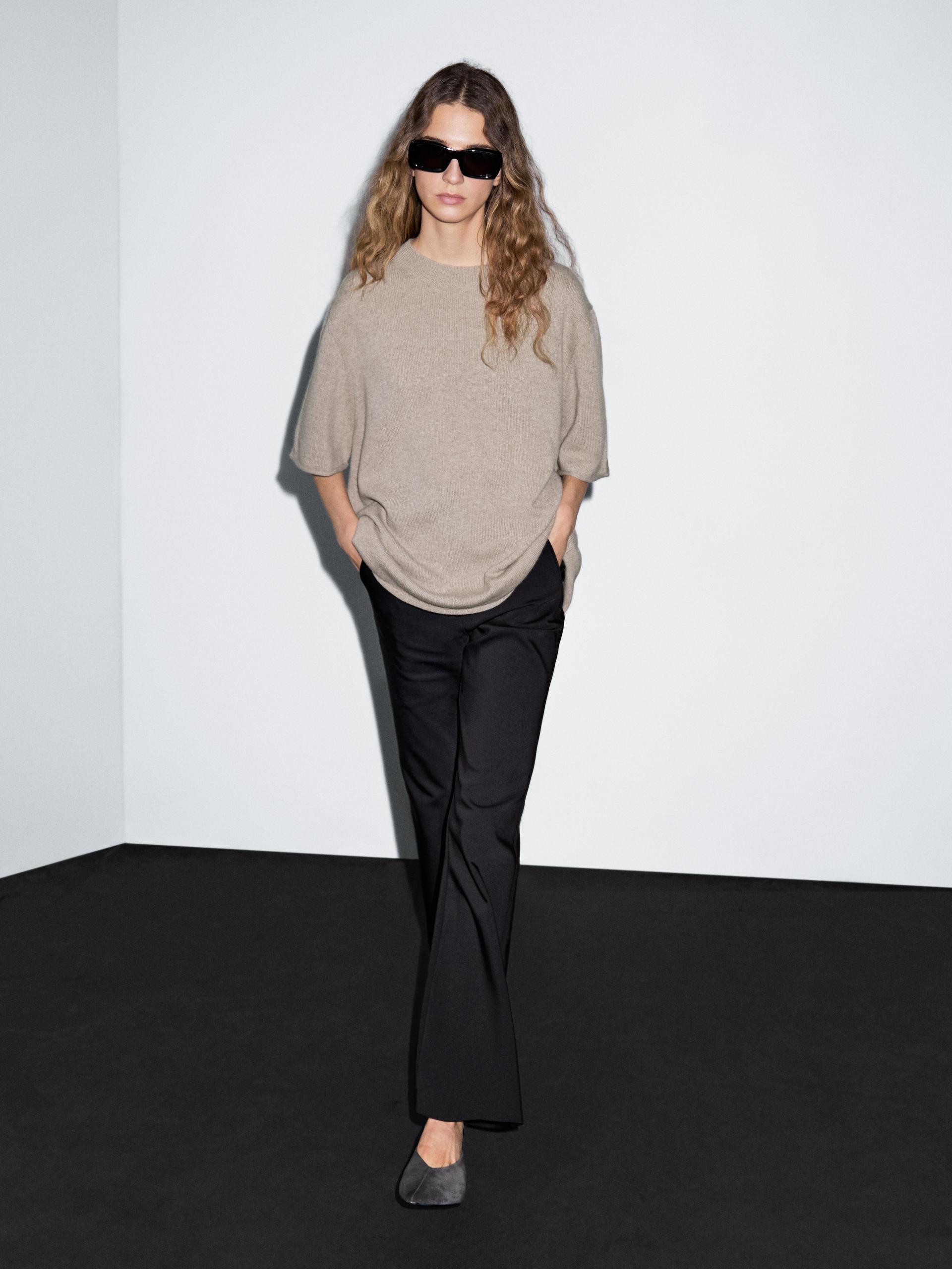 Dzianinowy Sweter Oversize Z Krótkim Rękawem - Szarobrązowy - S - Massimo Dutti - Kobieta