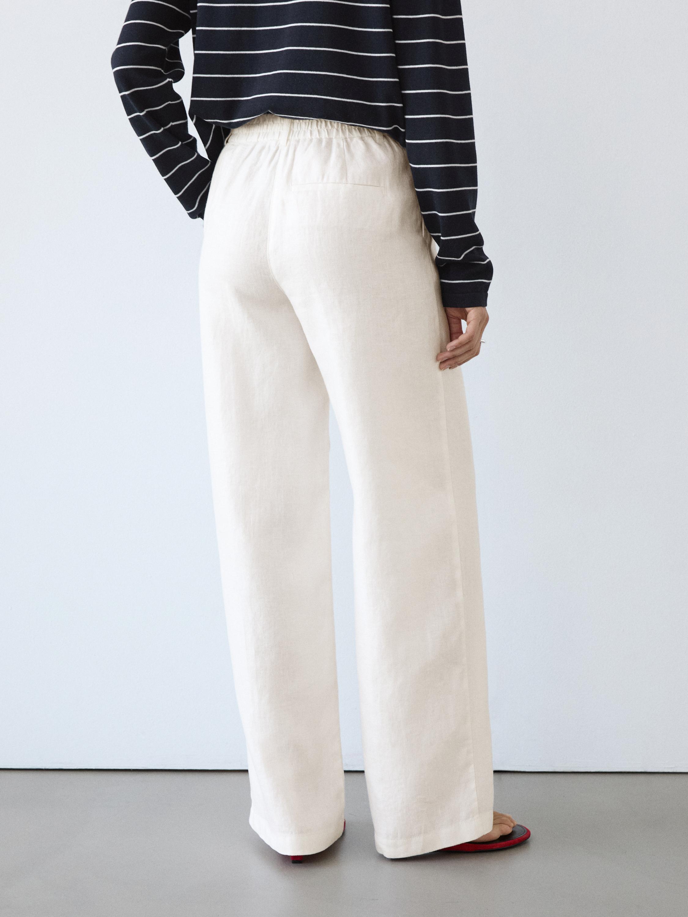 100% linen wide-leg elasticated trousers — Off white
