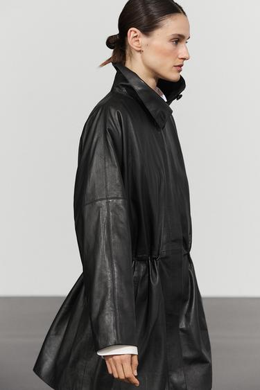 Nappa leather parka with gathered detail — BLACK 8