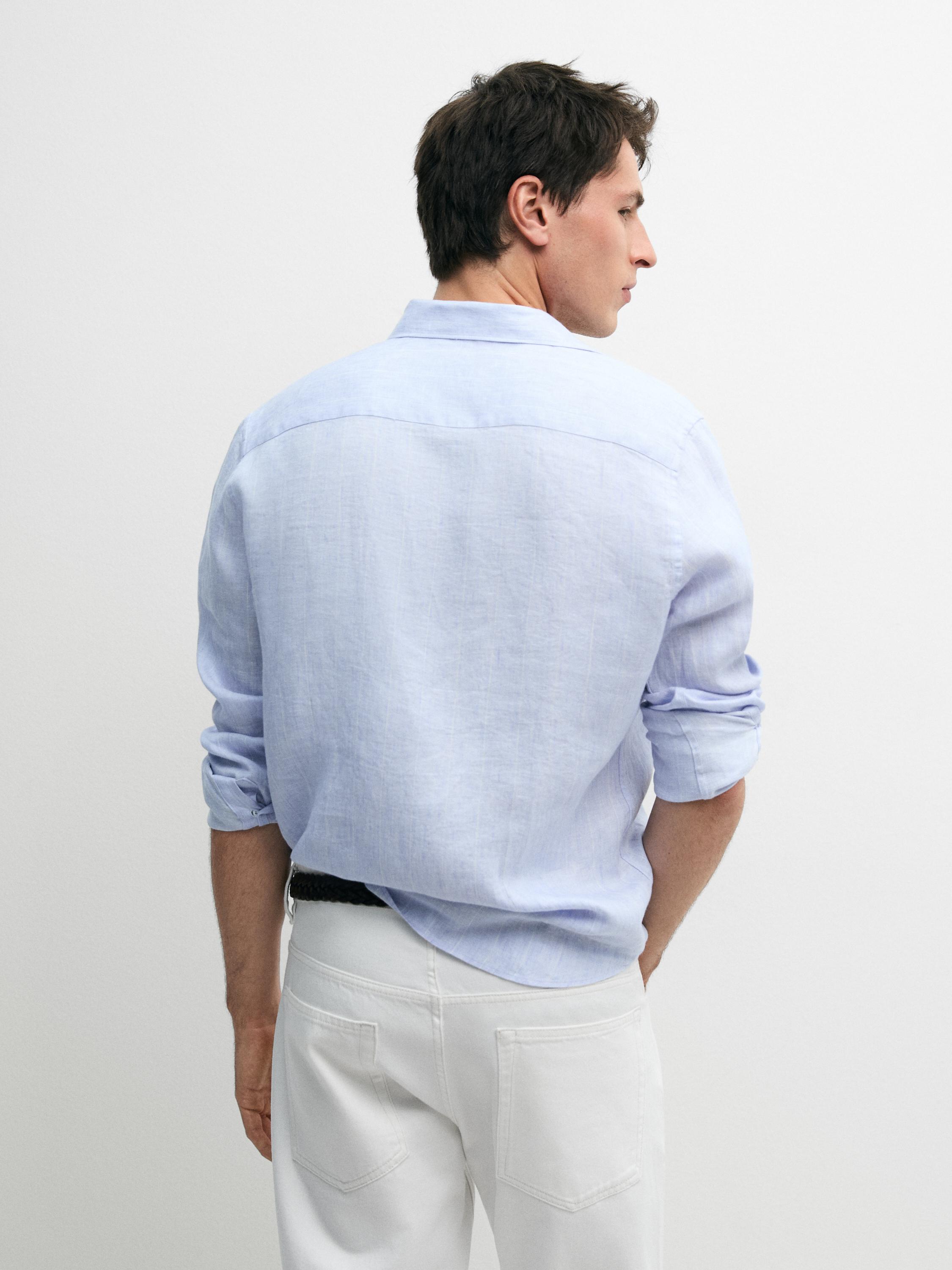 100% linen regular fit striped shirt — Light Blue