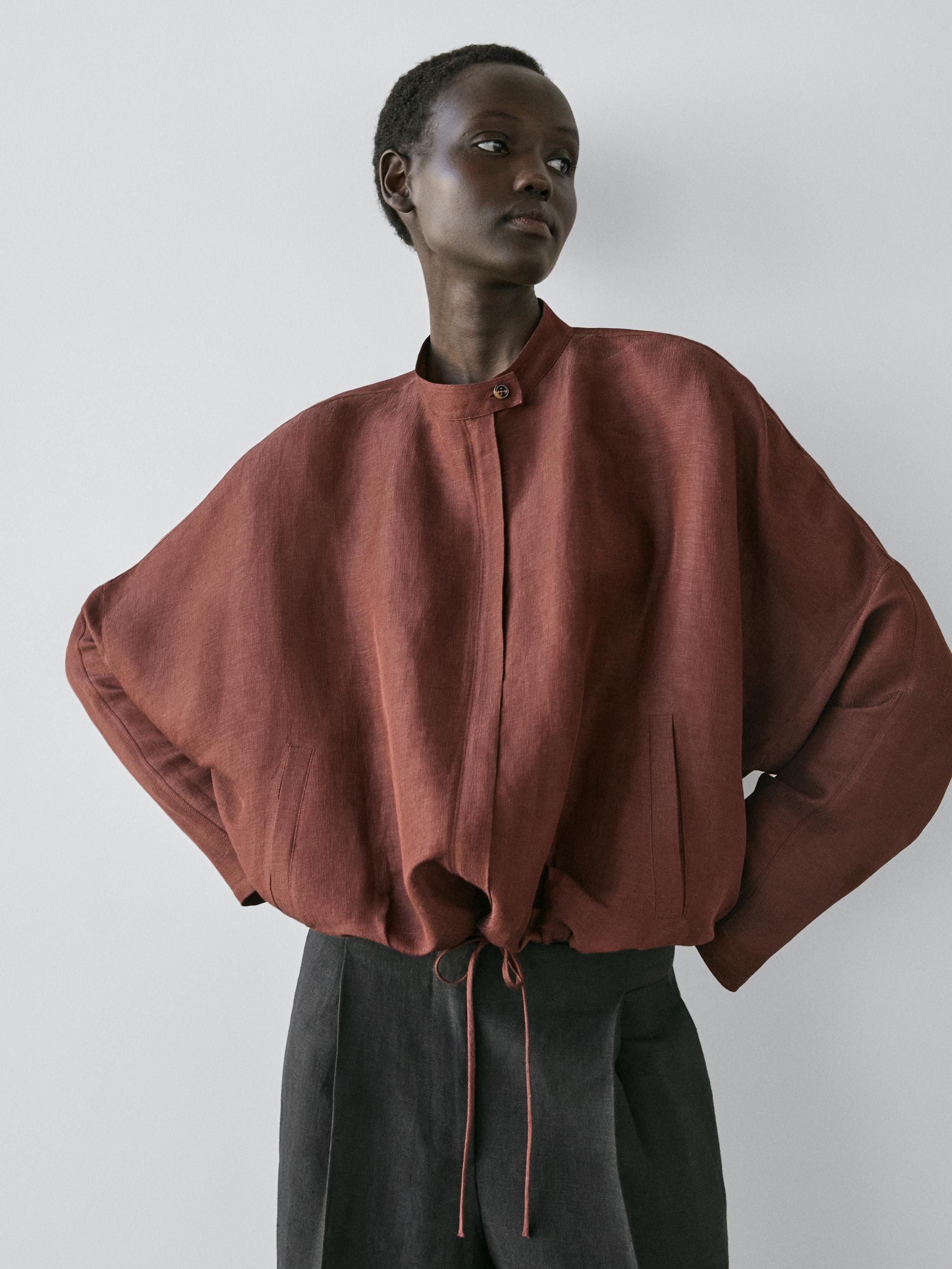 Linen blend bomber jacket — BROWN