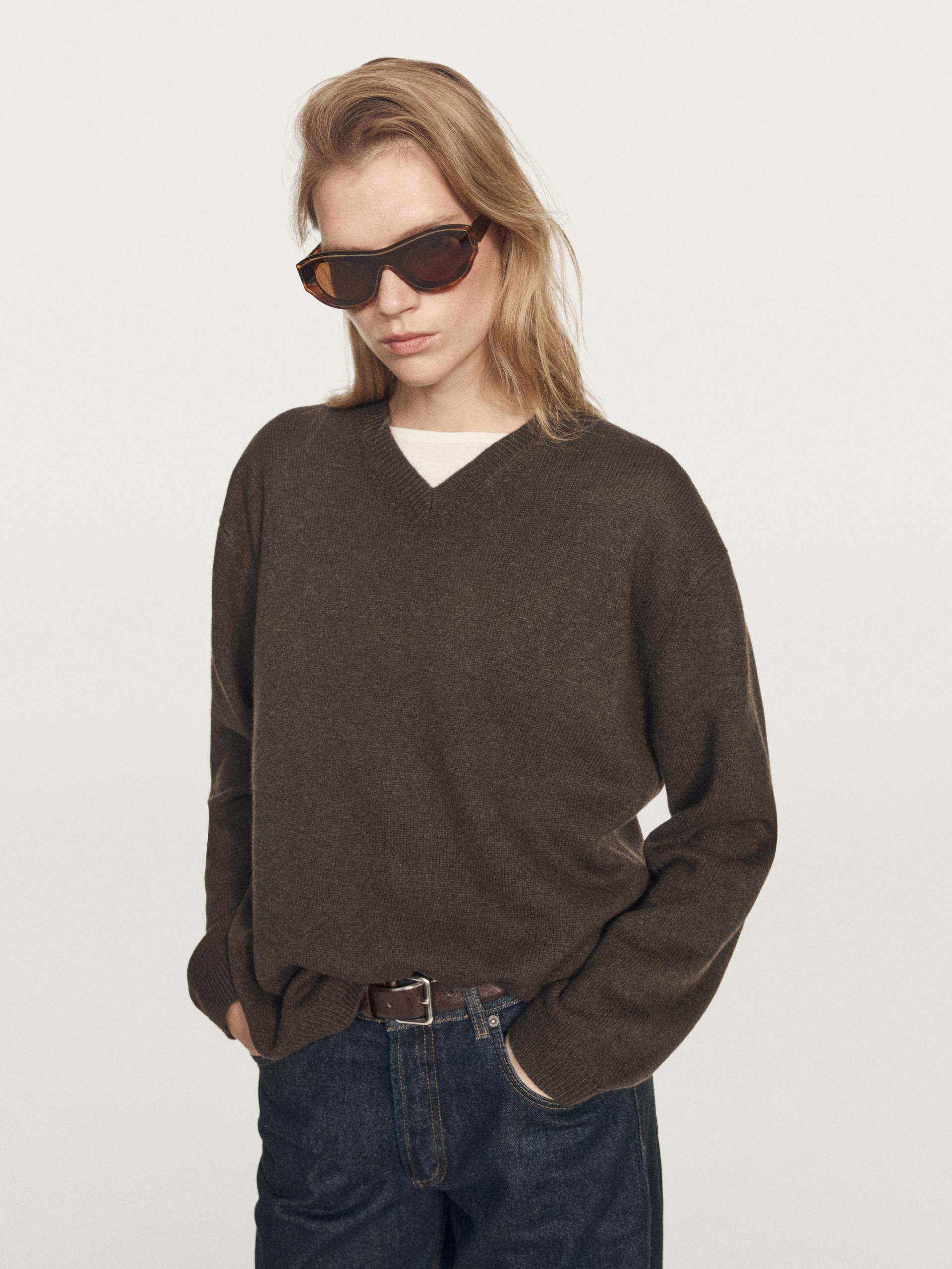 Maglia Oversize Con Scollo A V - Marrone - L - Massimo Dutti - Femminile