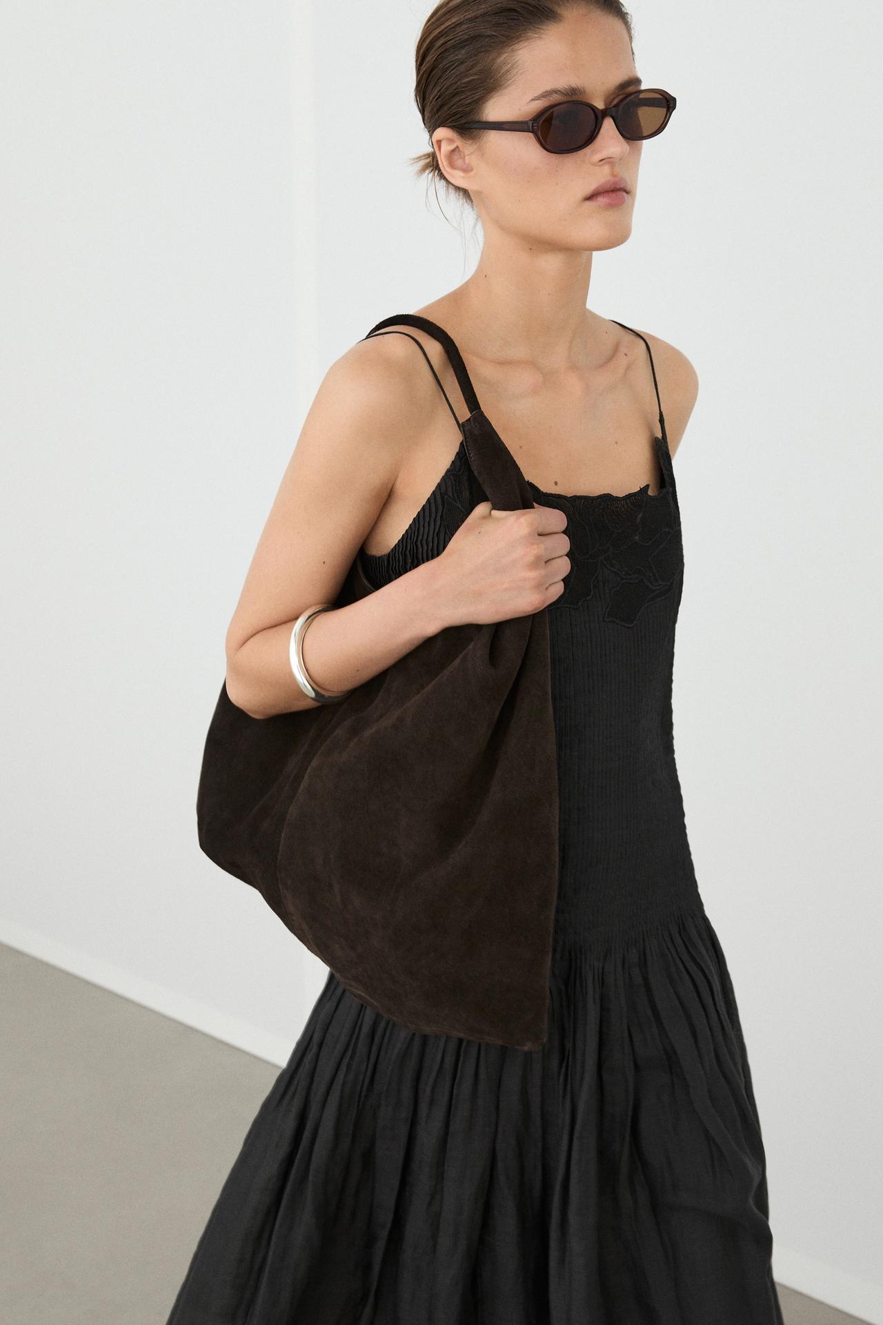 Flowing embroidered midi dress with pintuck detail — BLACK