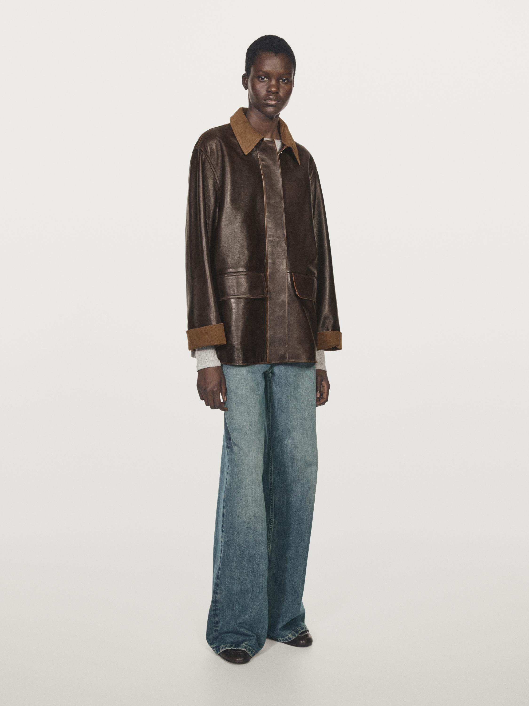 Nappa leather parka with corduroy detail