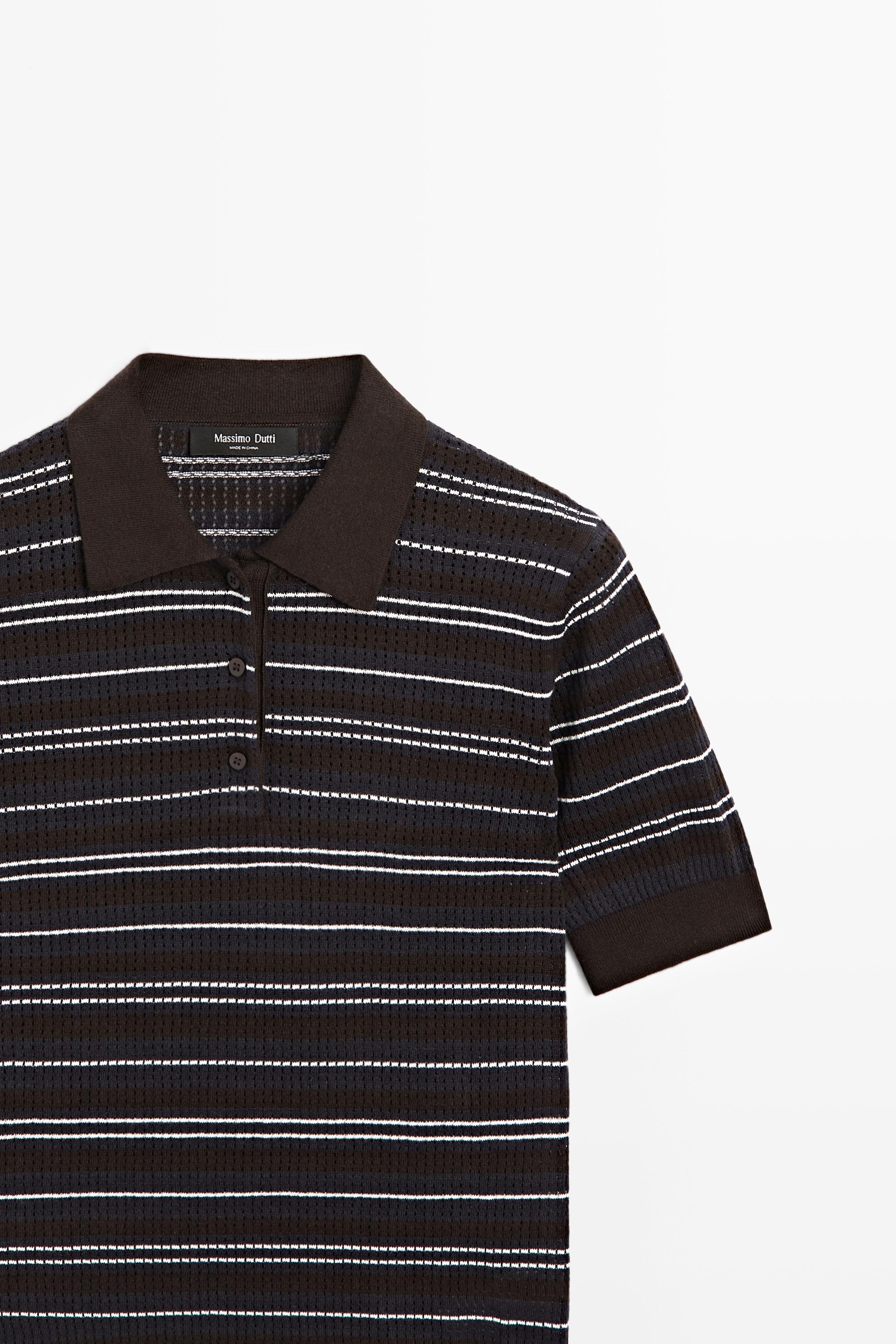Cotton blend striped open-knit polo shirt — BLUE